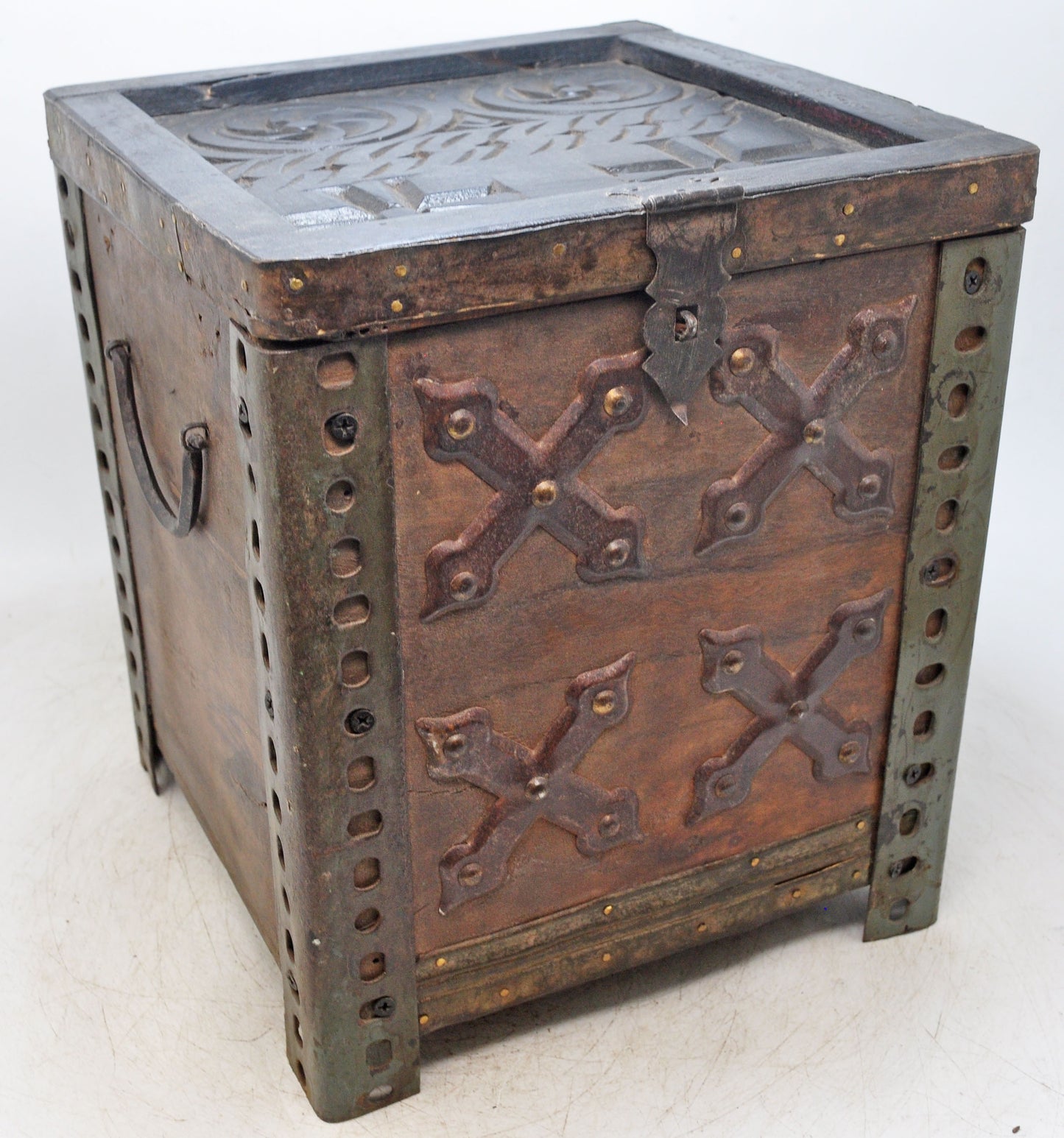 Vintage Wooden Square Storage Chest Box Original Old Hand Crafted Metal Fitted