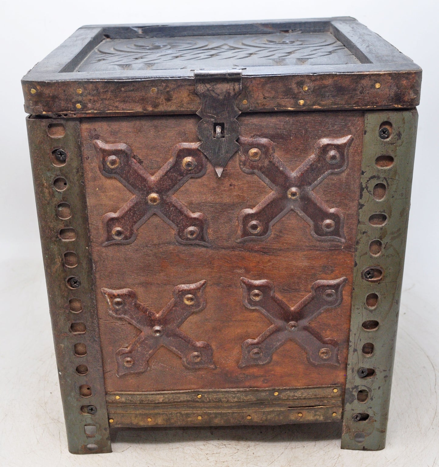 Vintage Wooden Square Storage Chest Box Original Old Hand Crafted Metal Fitted