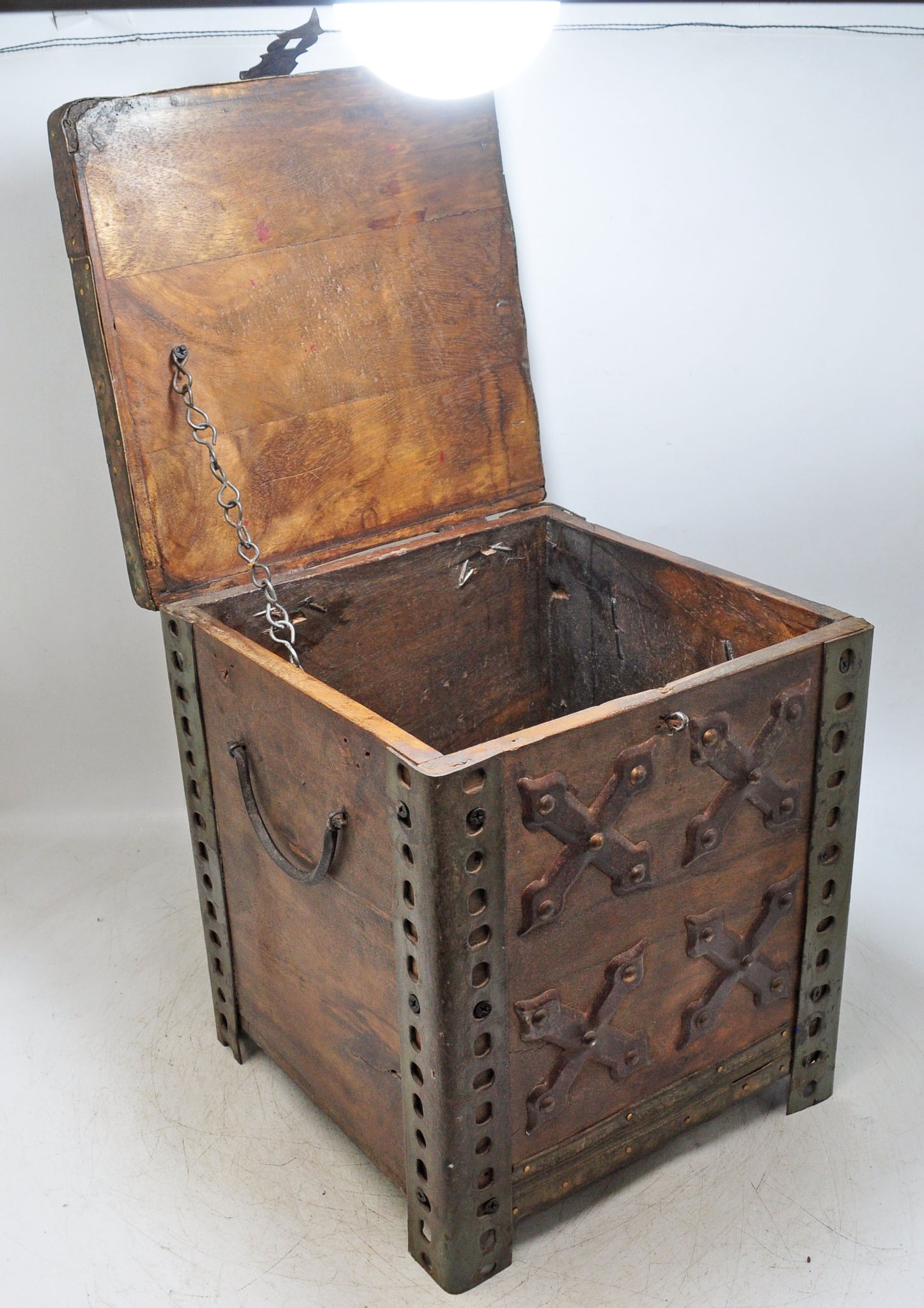 Vintage Wooden Square Storage Chest Box Original Old Hand Crafted Metal Fitted