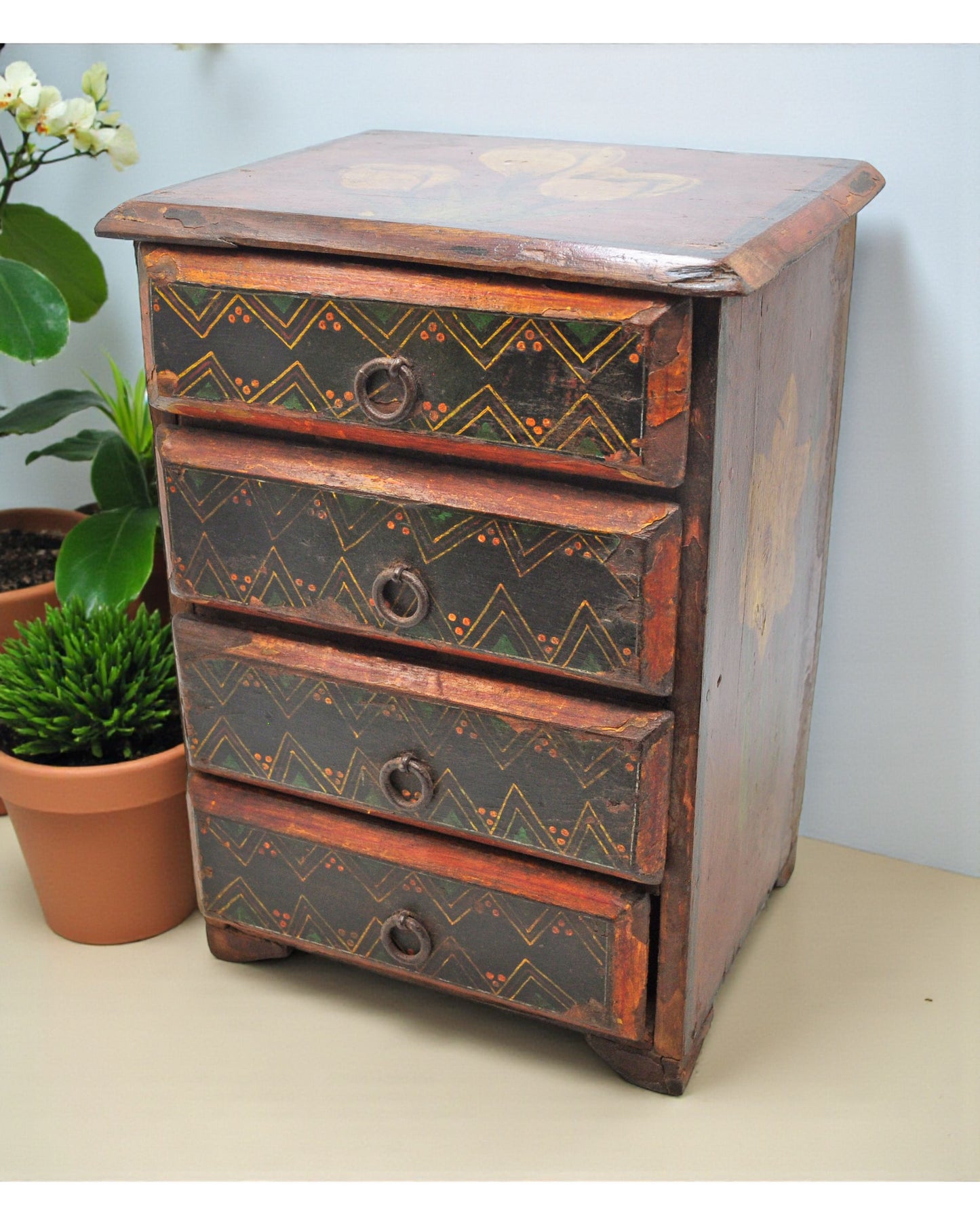 Vintage Wooden Small 4 Drawers Storage Box Original Old Hand Crafted Fine Painted