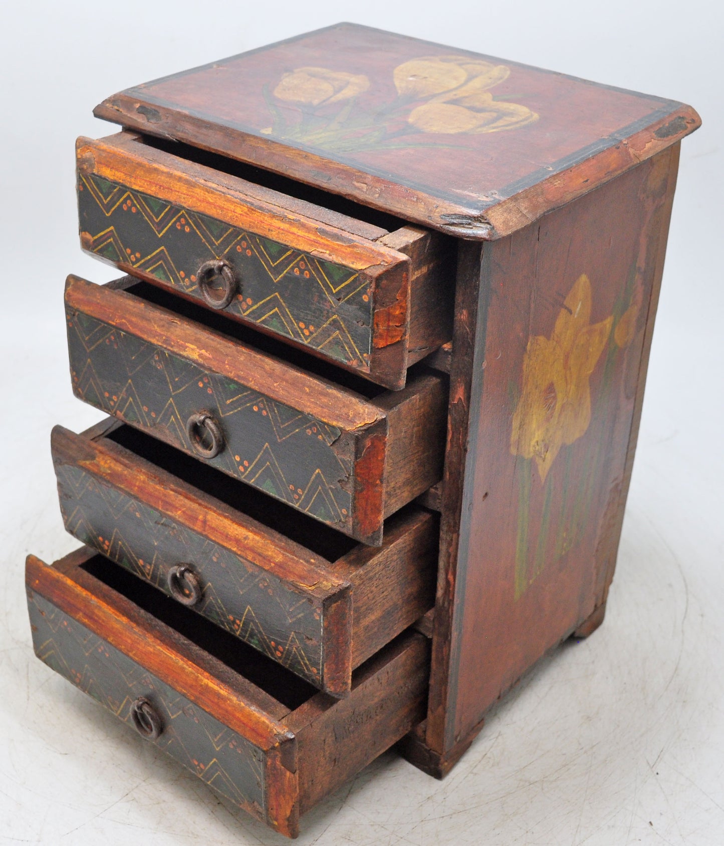 Vintage Wooden Small 4 Drawers Storage Box Original Old Hand Crafted Fine Painted