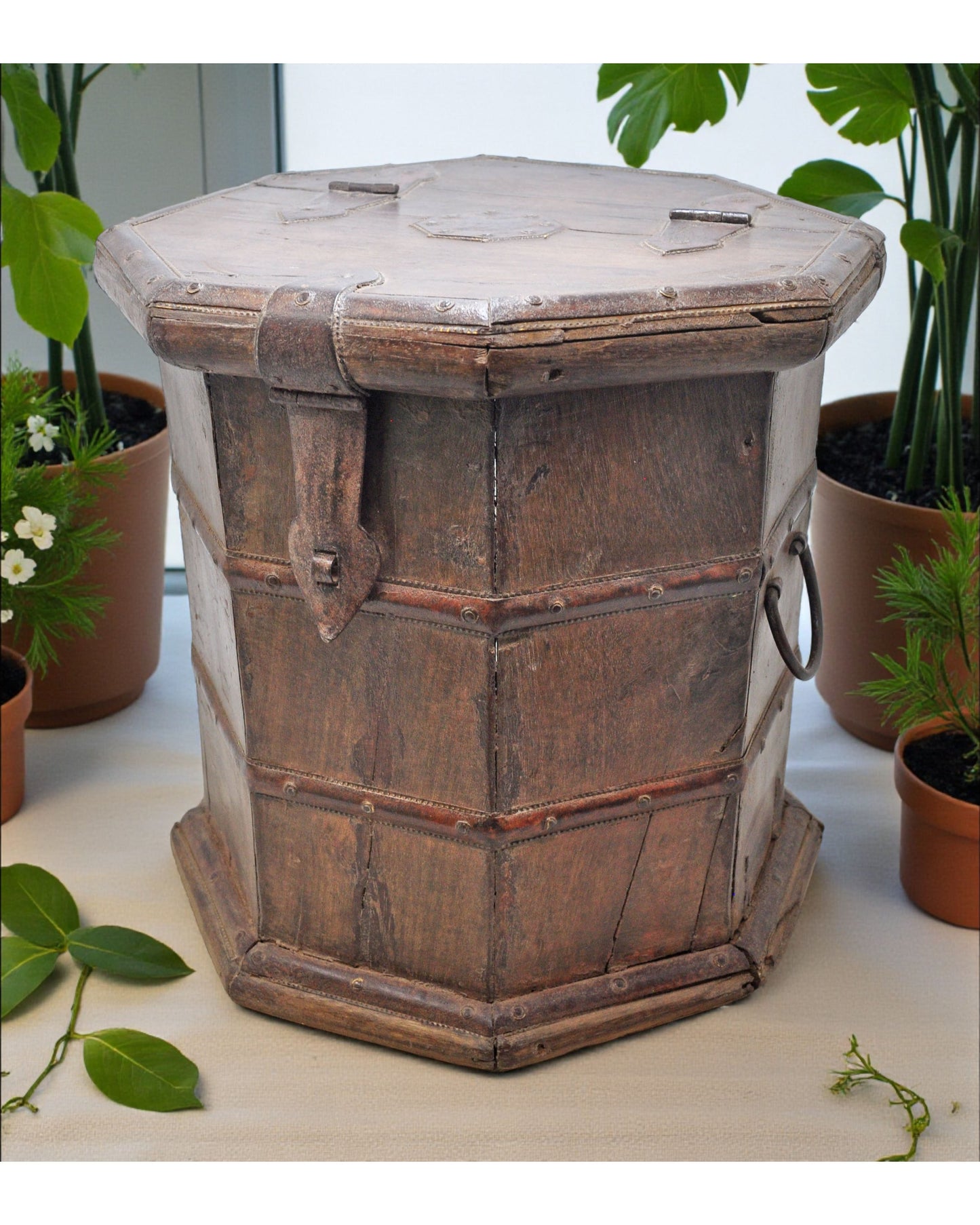 Vintage Wooden Octagonal Storage Drum Box Original Old Fine Metal Fitted