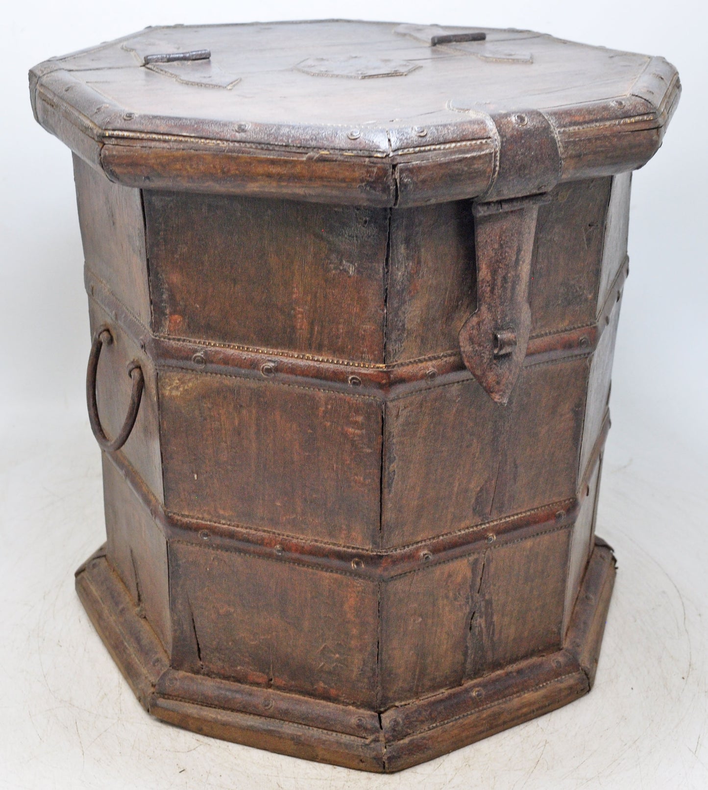 Vintage Wooden Octagonal Storage Drum Box Original Old Fine Metal Fitted