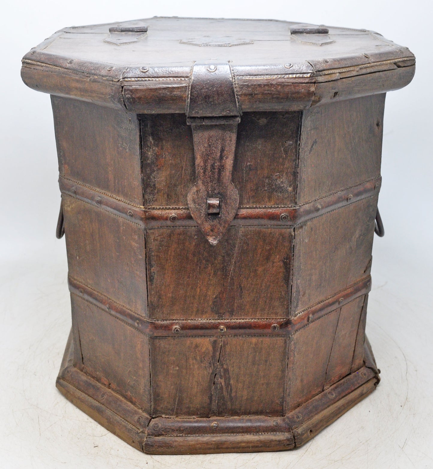 Vintage Wooden Octagonal Storage Drum Box Original Old Fine Metal Fitted