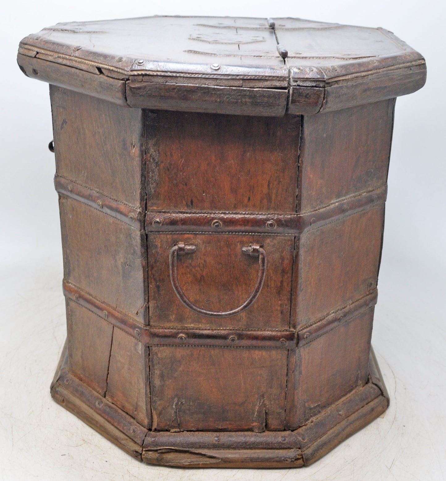 Vintage Wooden Octagonal Storage Drum Box Original Old Fine Metal Fitted