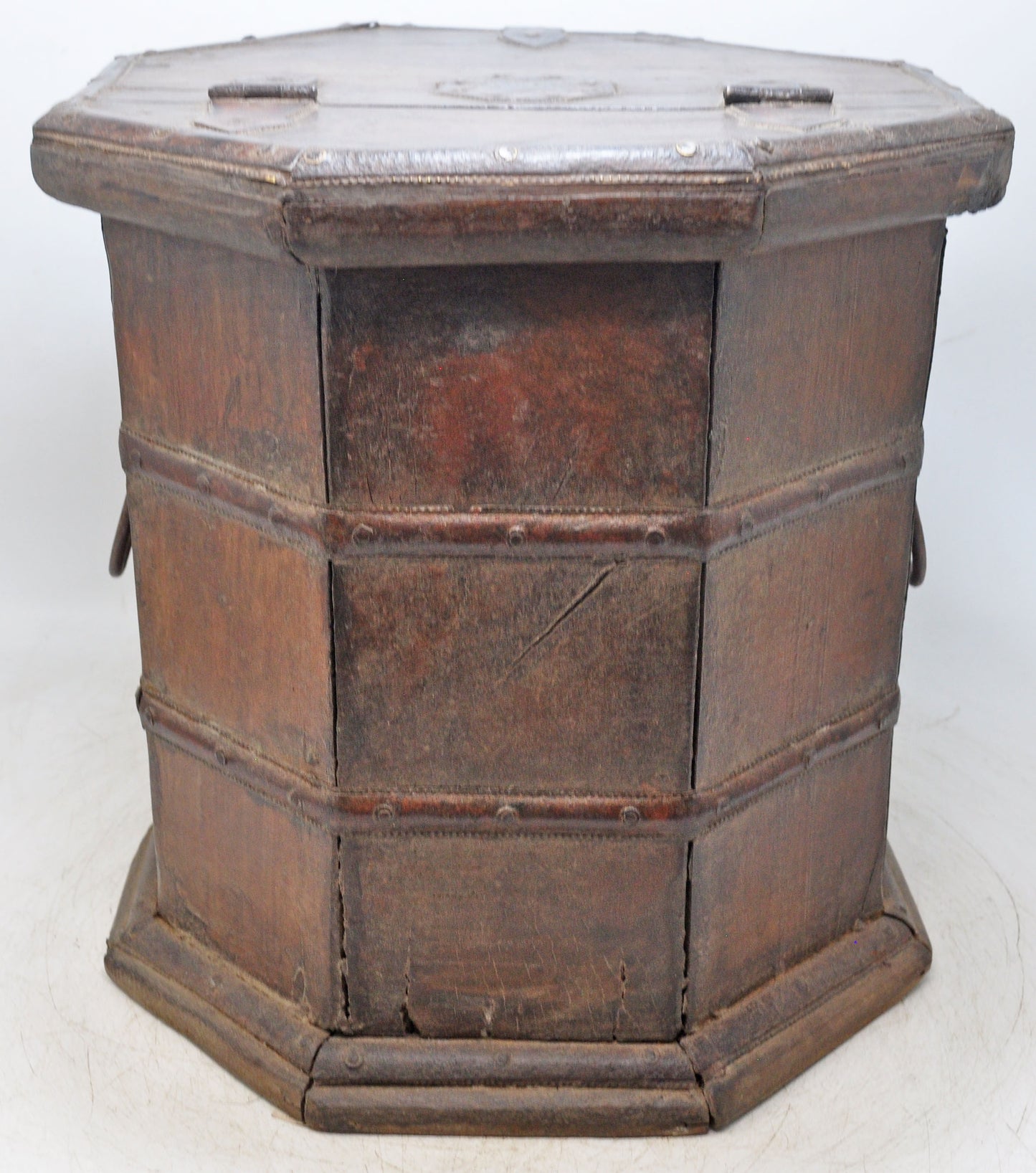 Vintage Wooden Octagonal Storage Drum Box Original Old Fine Metal Fitted