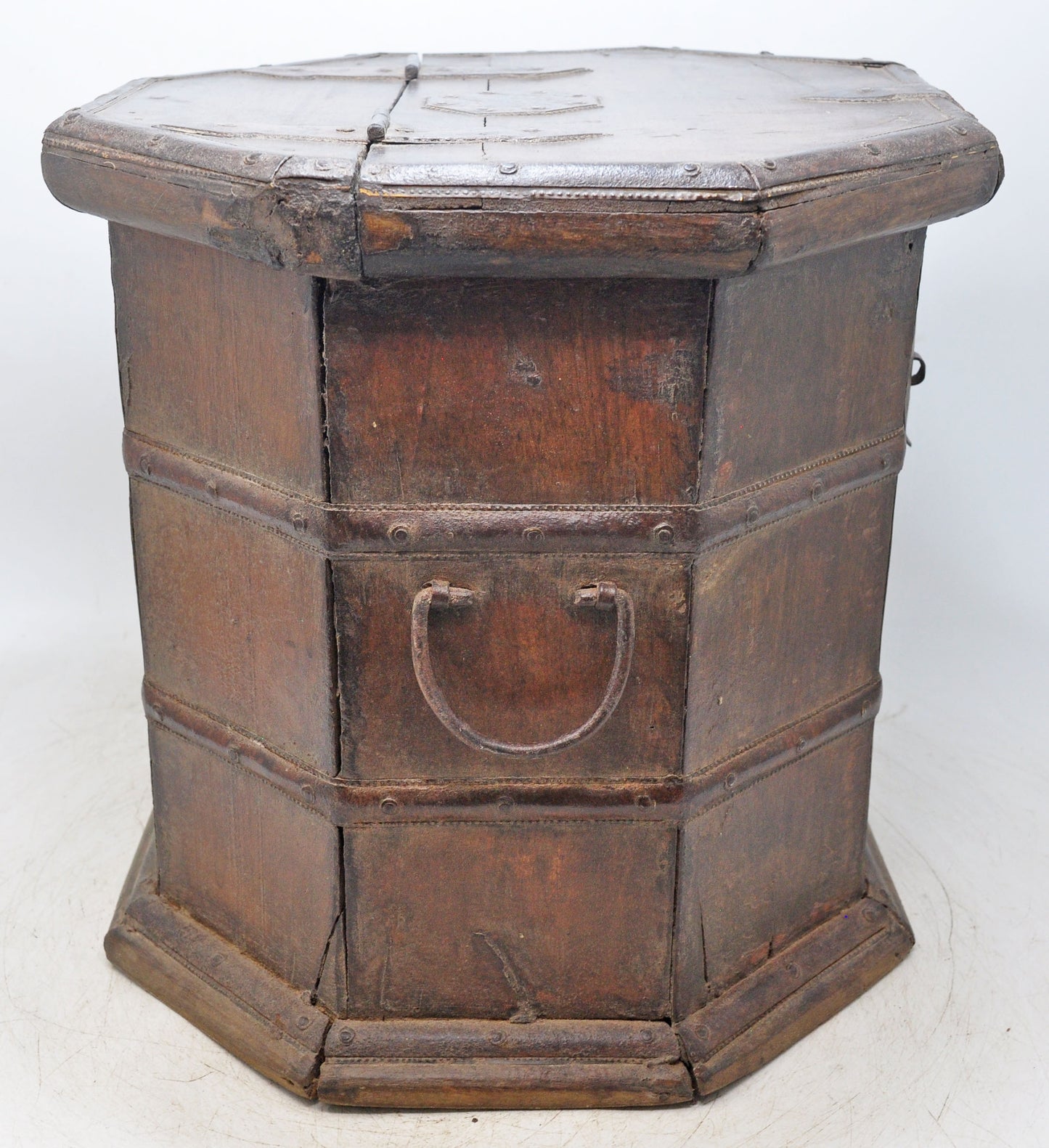 Vintage Wooden Octagonal Storage Drum Box Original Old Fine Metal Fitted