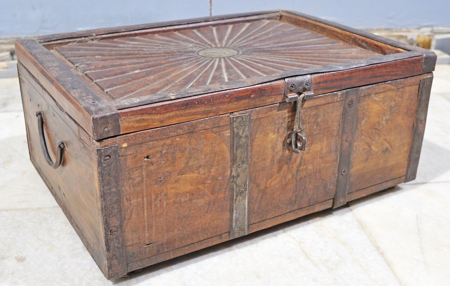 Antique Wooden Large Storage Chest Box Original Old Metal Fitted