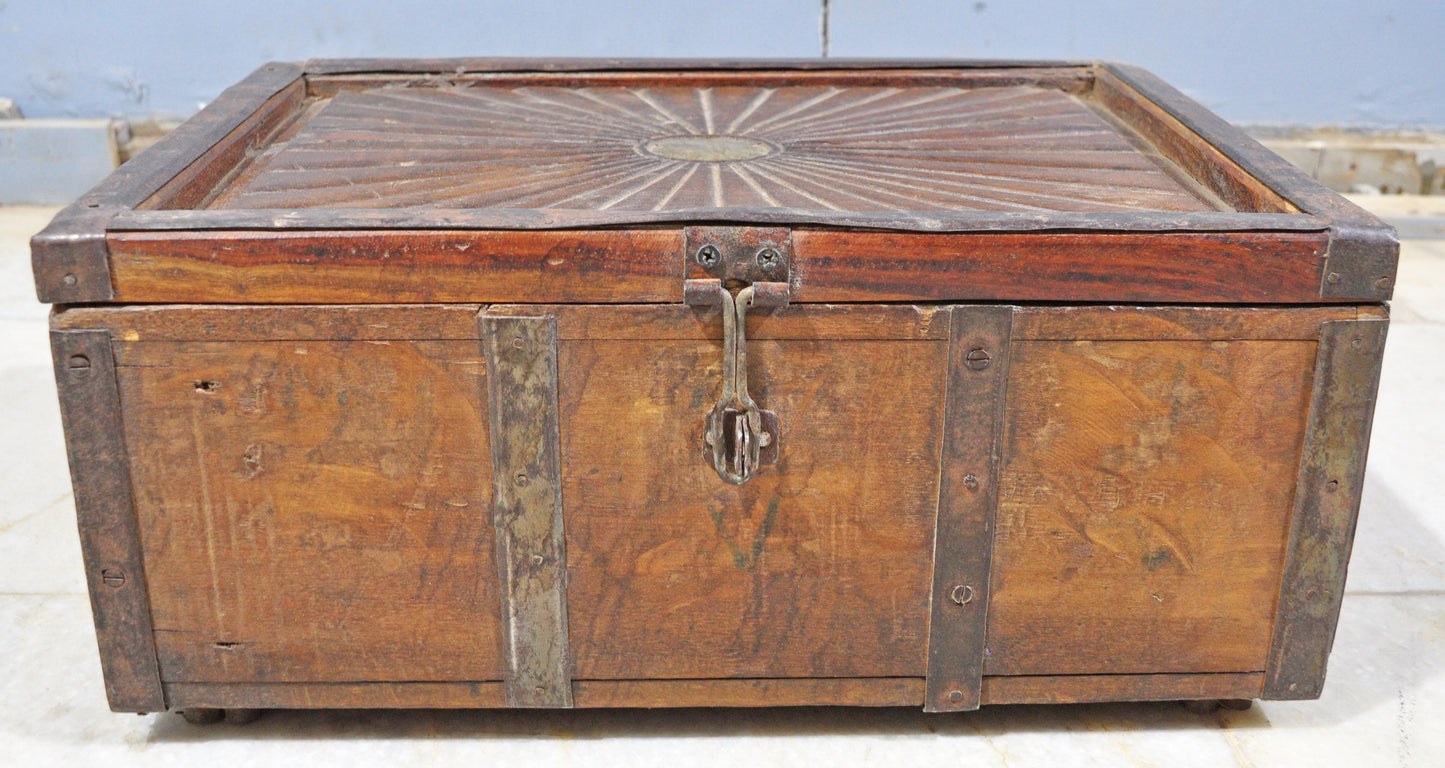 Antique Wooden Large Storage Chest Box Original Old Metal Fitted