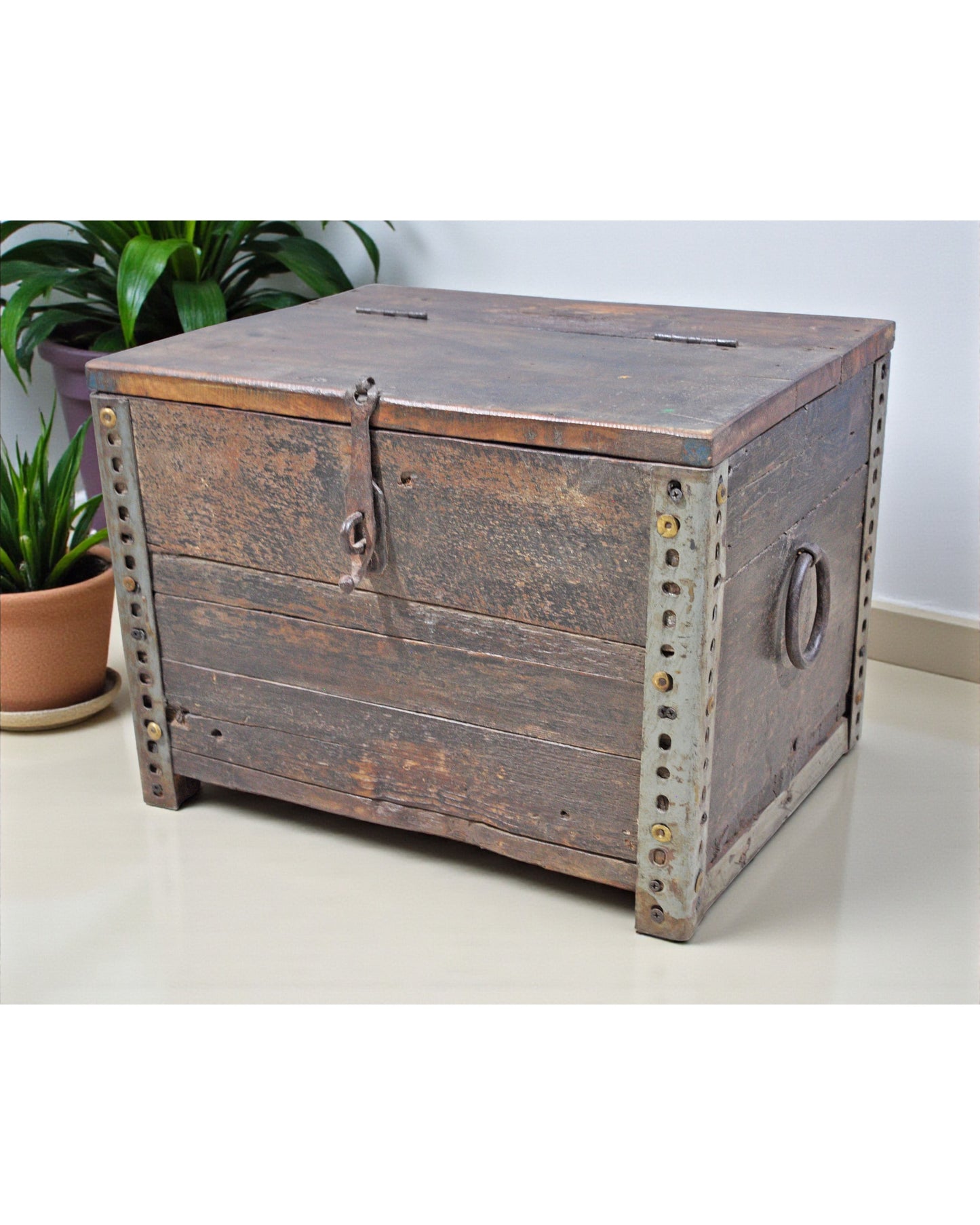 Antique Wooden Large Storage Chest Box Original Old Metal Fitted