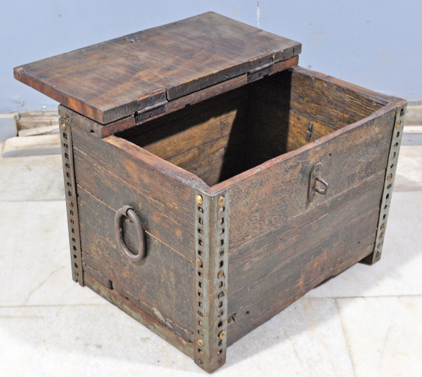 Antique Wooden Large Storage Chest Box Original Old Metal Fitted