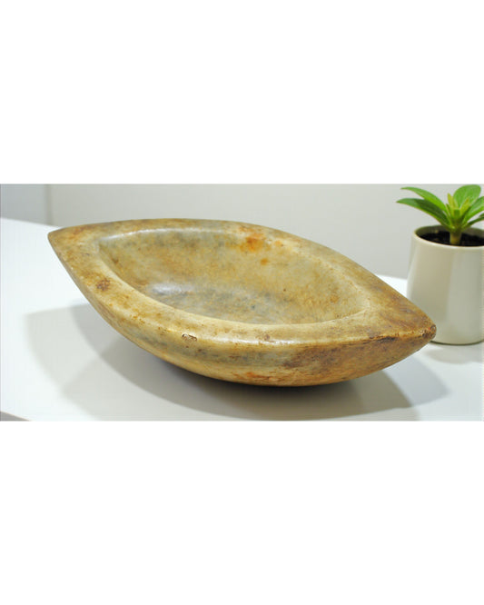 Antique White Marble Oval Spice Grinding Kharal Bowl Original Old Hand Carved