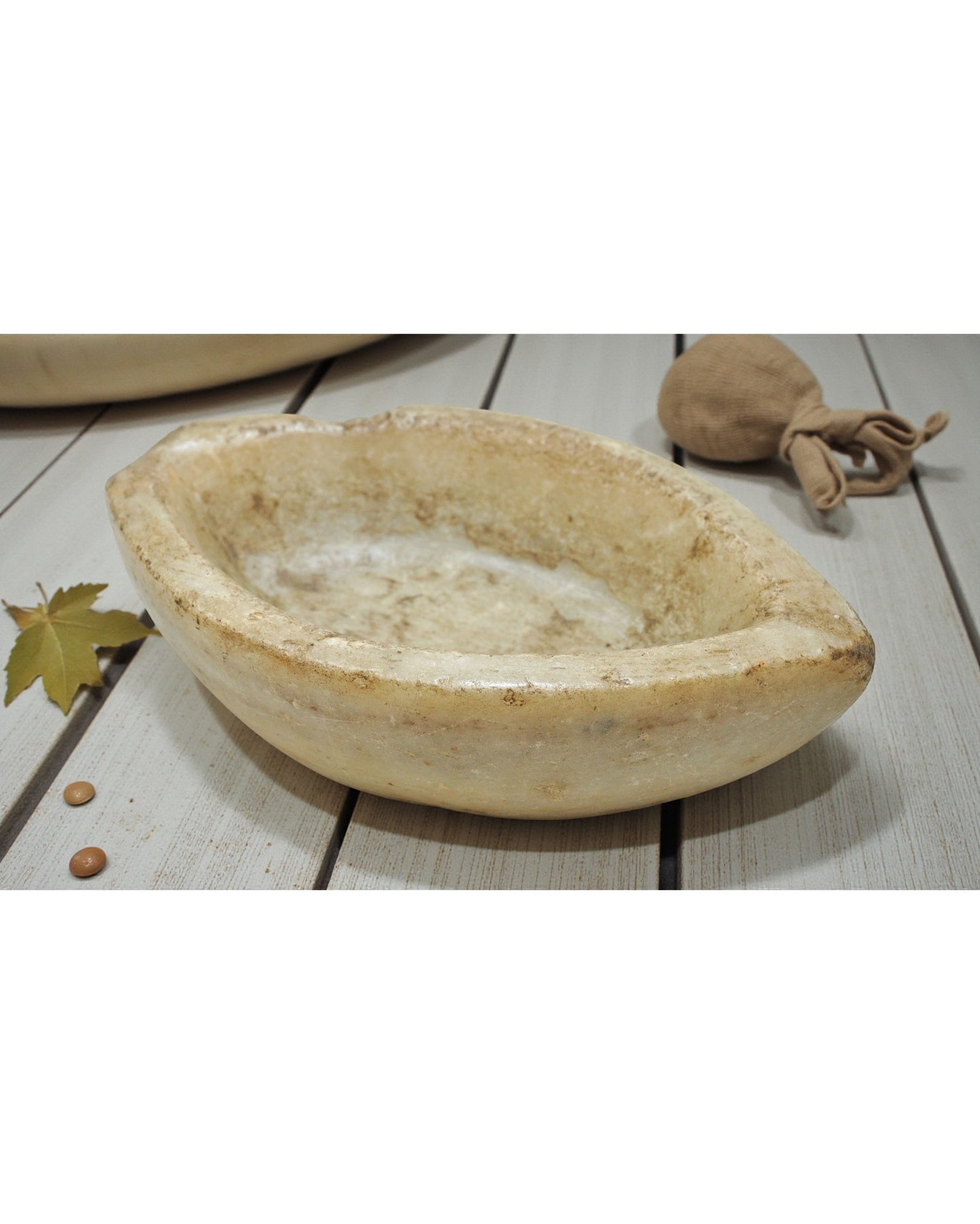 Antique White Marble Oval Spice Grinding Kharal Bowl Original Old Hand Carved