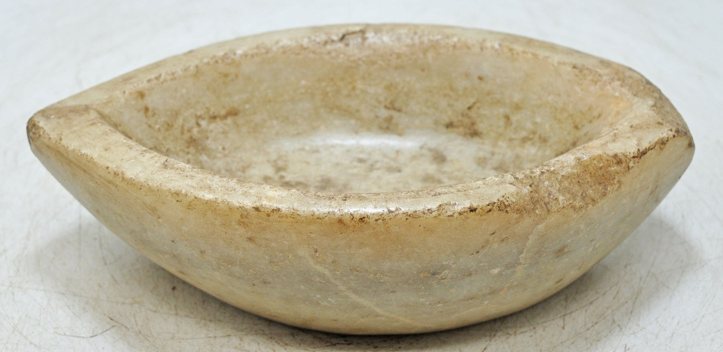 Antique White Marble Oval Spice Grinding Kharal Bowl Original Old Hand Carved