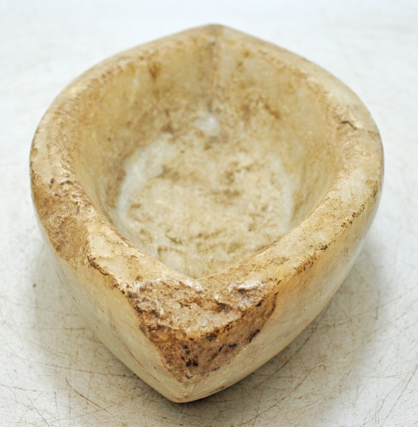 Antique White Marble Oval Spice Grinding Kharal Bowl Original Old Hand Carved