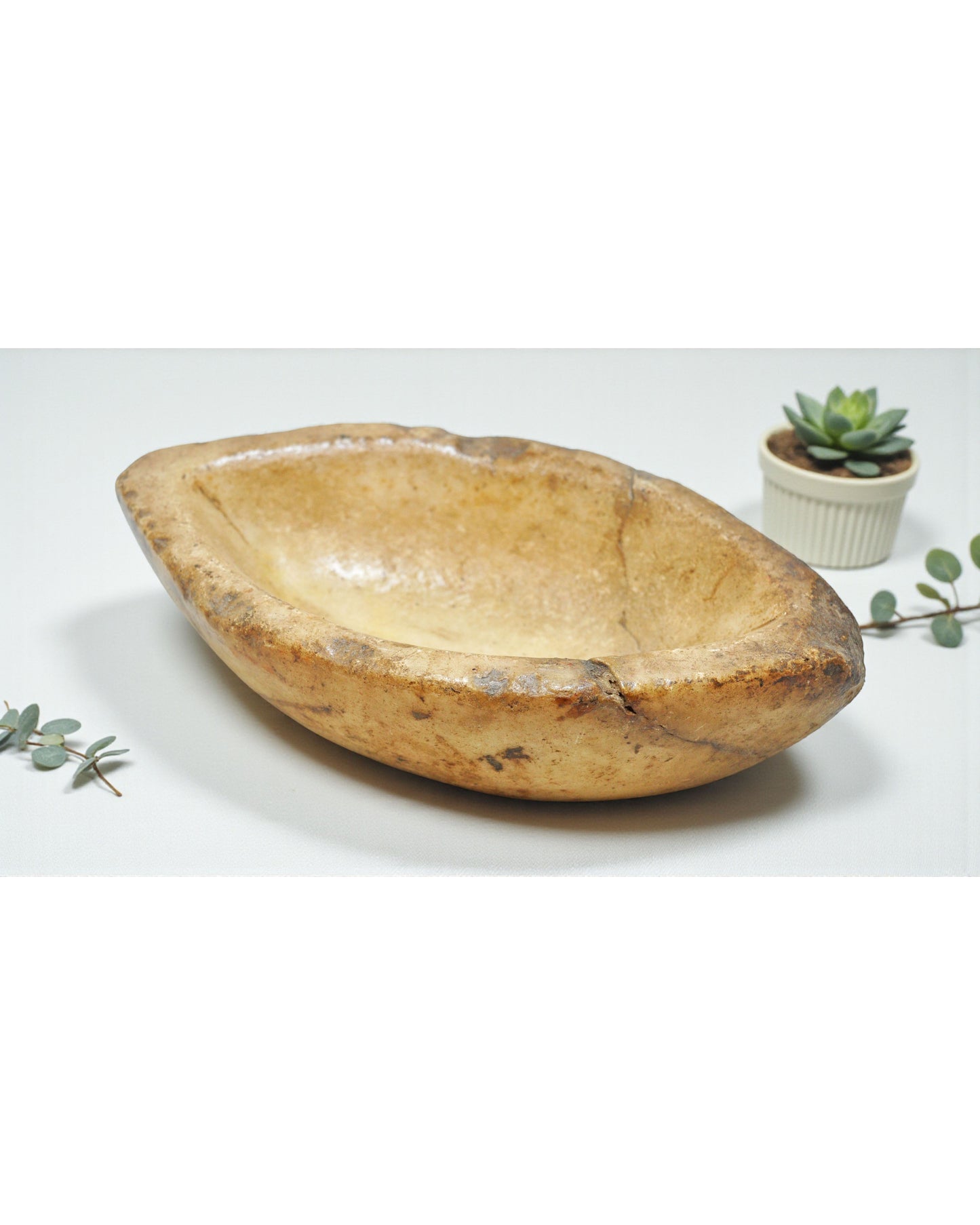 Antique White Marble Oval Spice Grinding Kharal Bowl Original Old Hand Carved