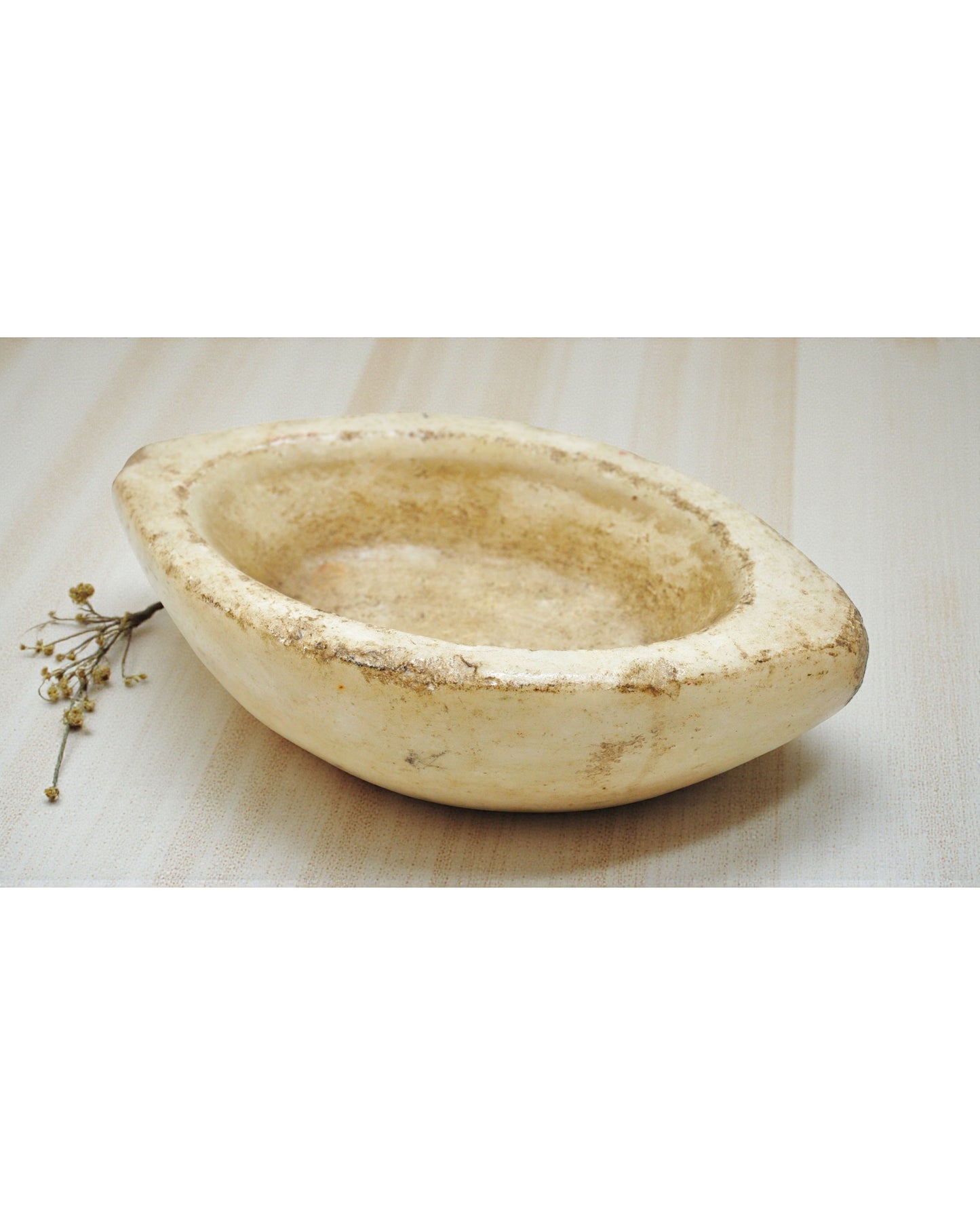Antique White Marble Oval Spice Grinding Kharal Bowl Original Old Hand Carved