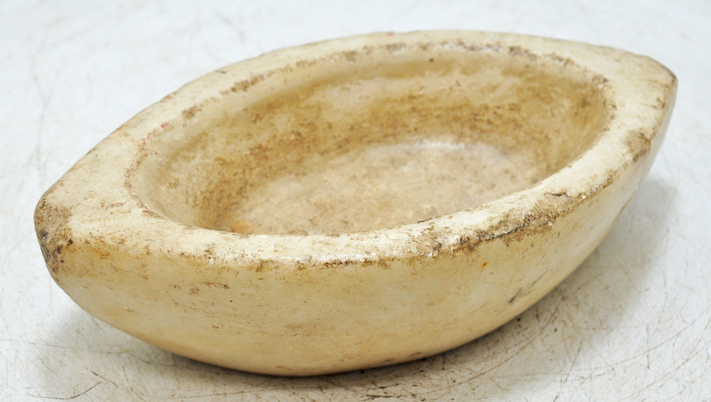 Antique White Marble Oval Spice Grinding Kharal Bowl Original Old Hand Carved