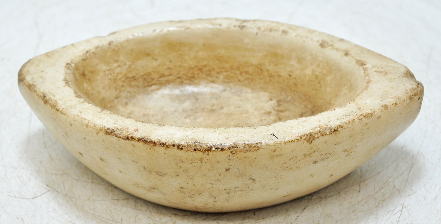 Antique White Marble Oval Spice Grinding Kharal Bowl Original Old Hand Carved