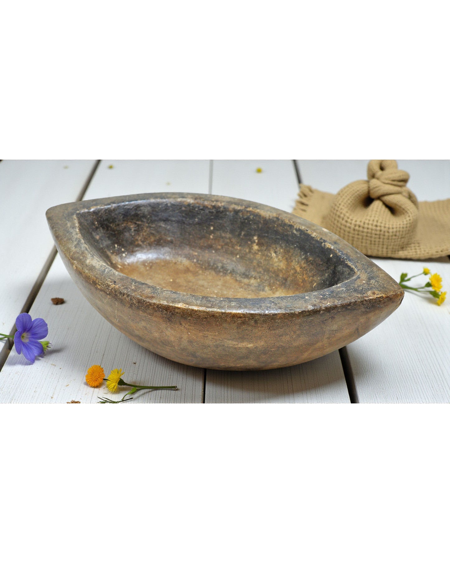 Antique White Marble Oval Spice Grinding Kharal Bowl Original Old Hand Carved