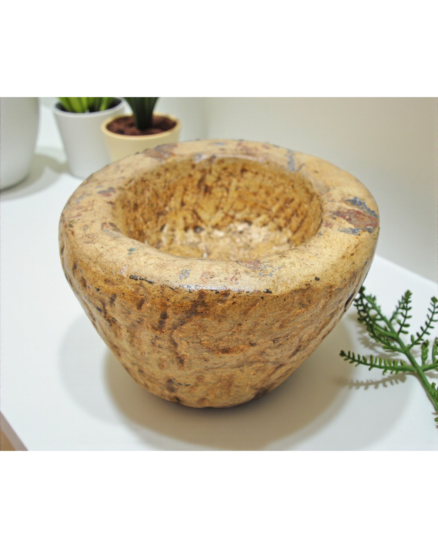 Antique Sand Stone Round Curry Bowl Original Old Hand Carved