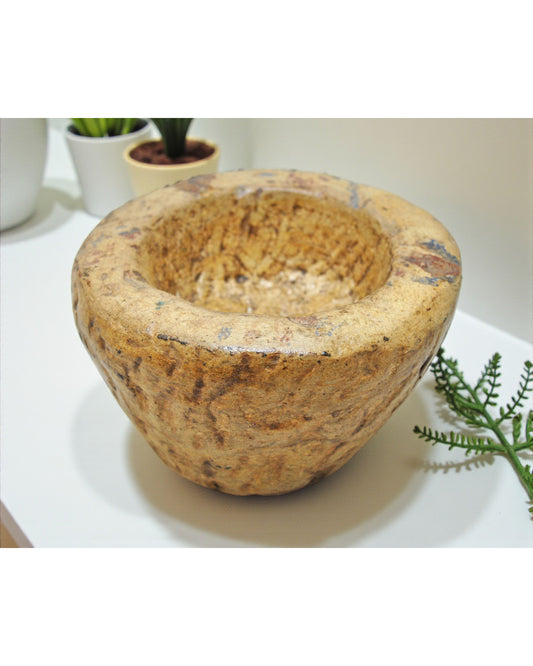 Antique Sand Stone Round Curry Bowl Original Old Hand Carved