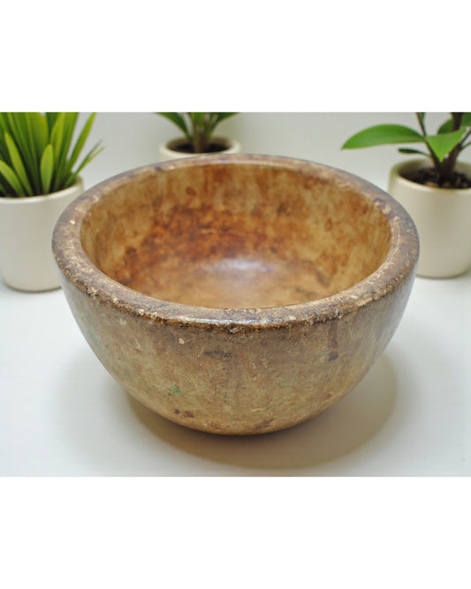 Antique White Marble Round Curry Bowl Original Old Hand Carved