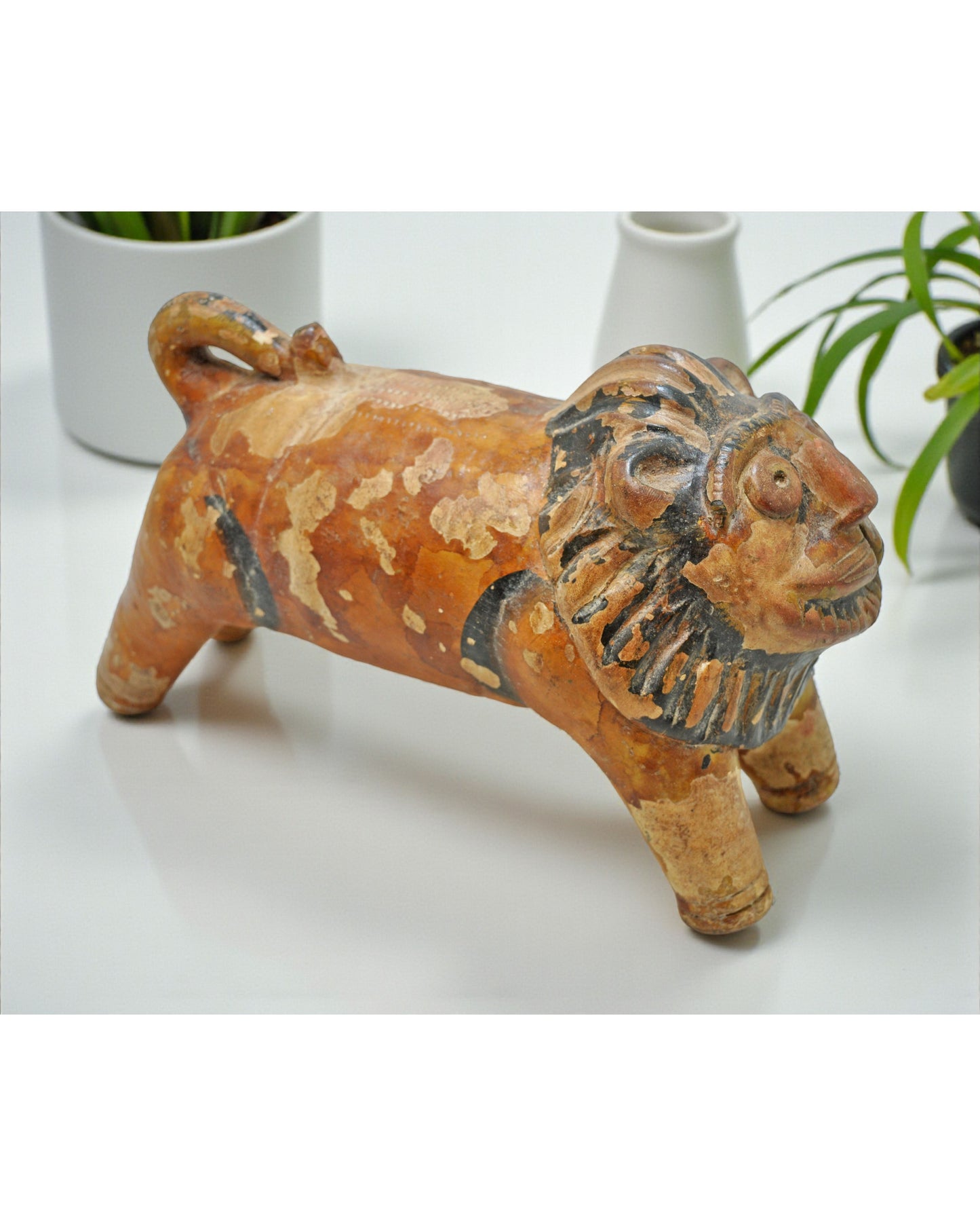 Vintage Terracotta Pottery Lion Figurine Original Old Hand Crafted Painted
