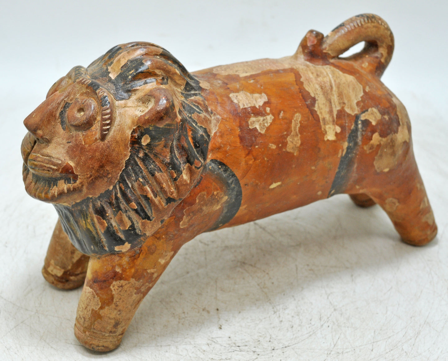 Vintage Terracotta Pottery Lion Figurine Original Old Hand Crafted Painted