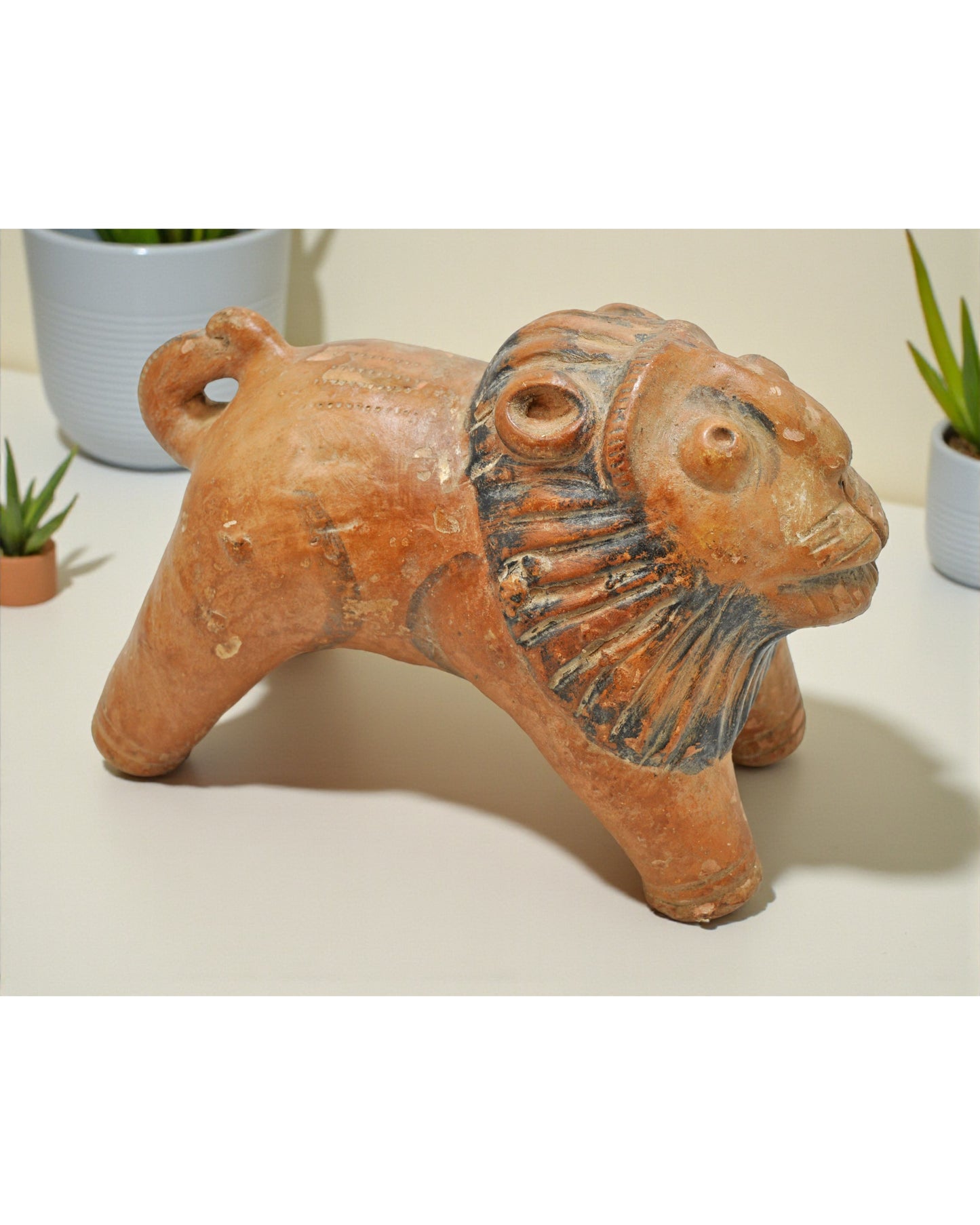 Vintage Terracotta Pottery Lion Figurine Original Old Hand Crafted Painted