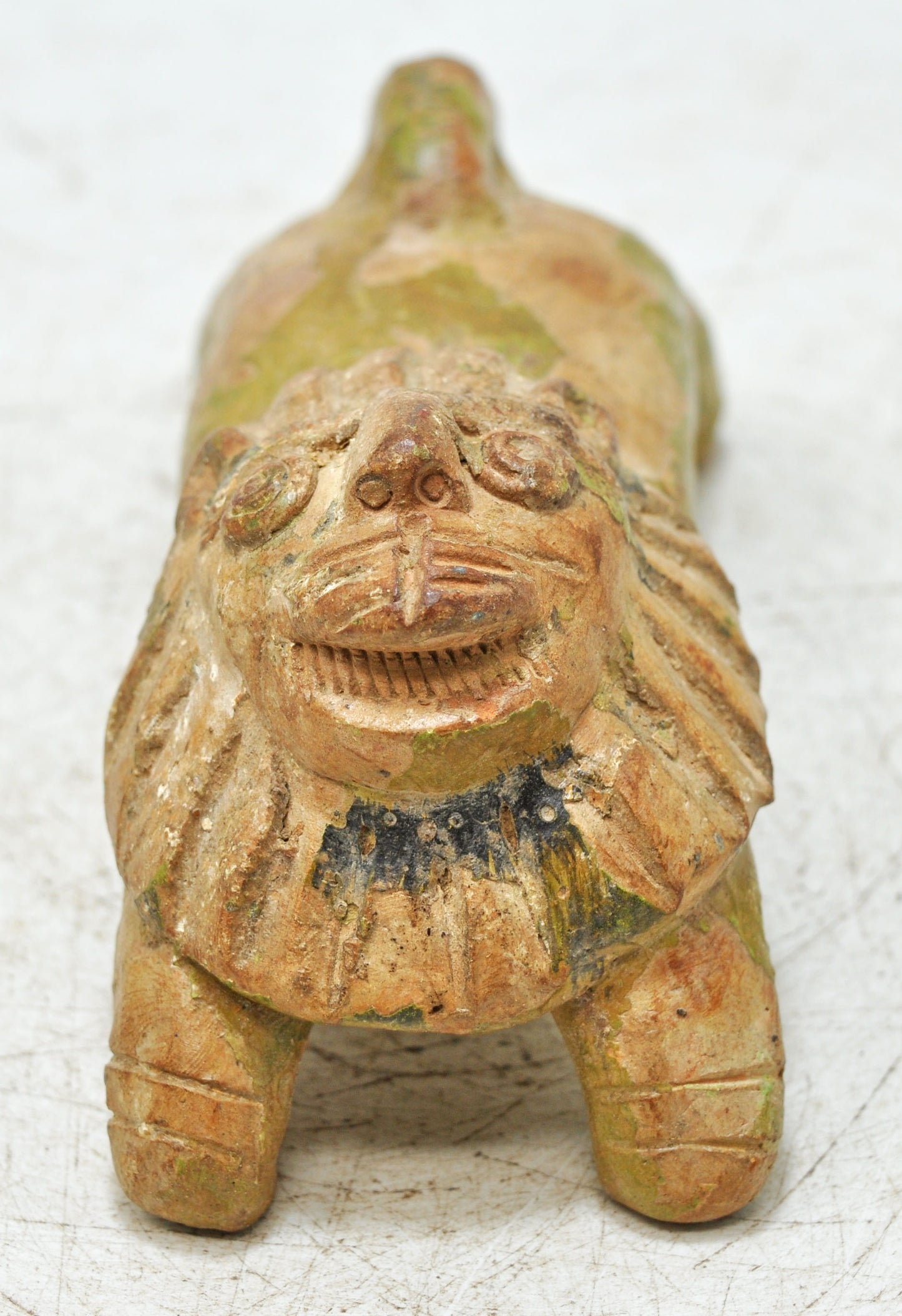 Vintage Terracotta Pottery Lion Figurine Original Old Hand Crafted Painted