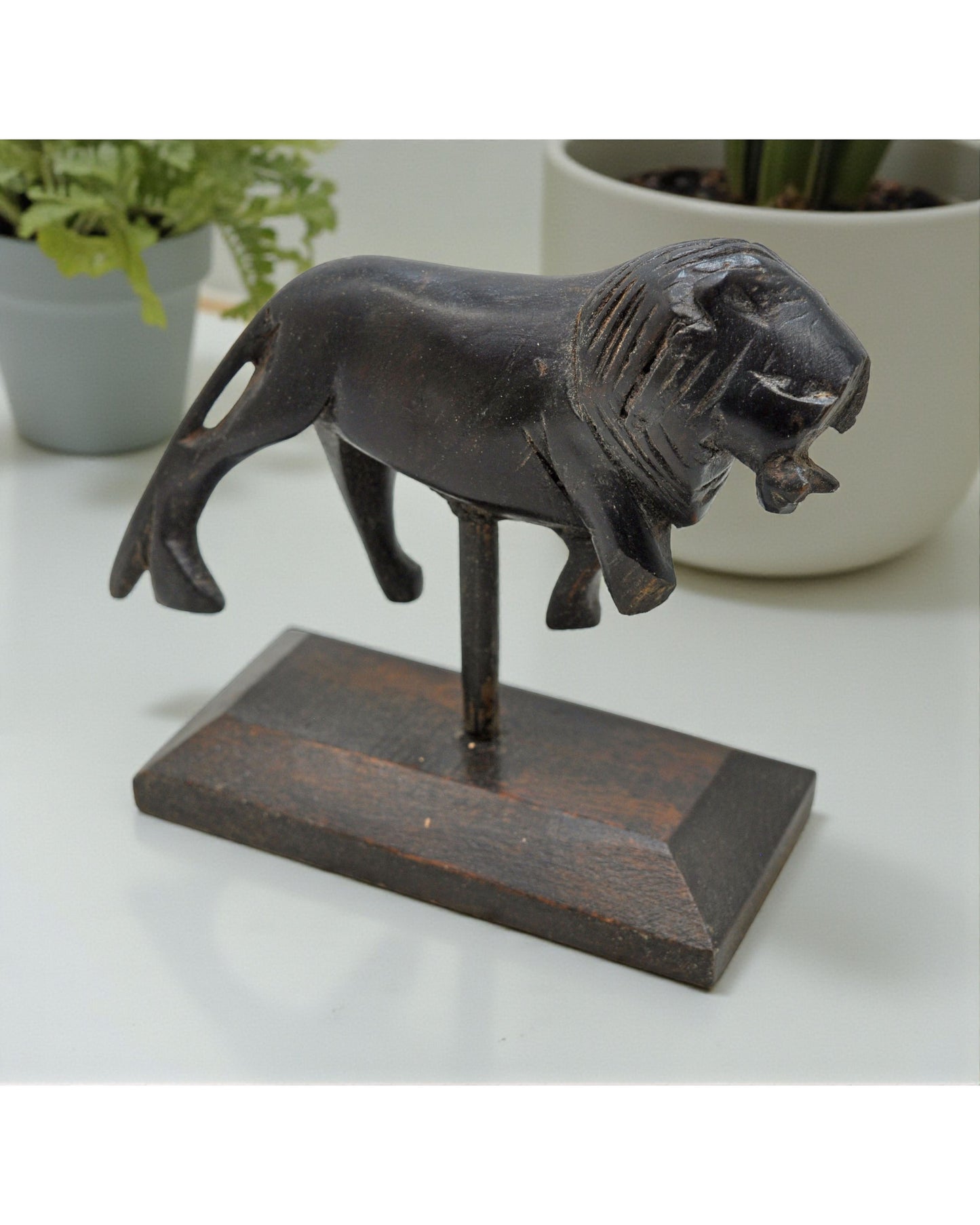 Antique Wooden Lion Figurine Original Old Hand Carved on Stand