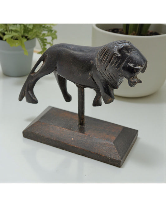 Antique Wooden Lion Figurine Original Old Hand Carved on Stand