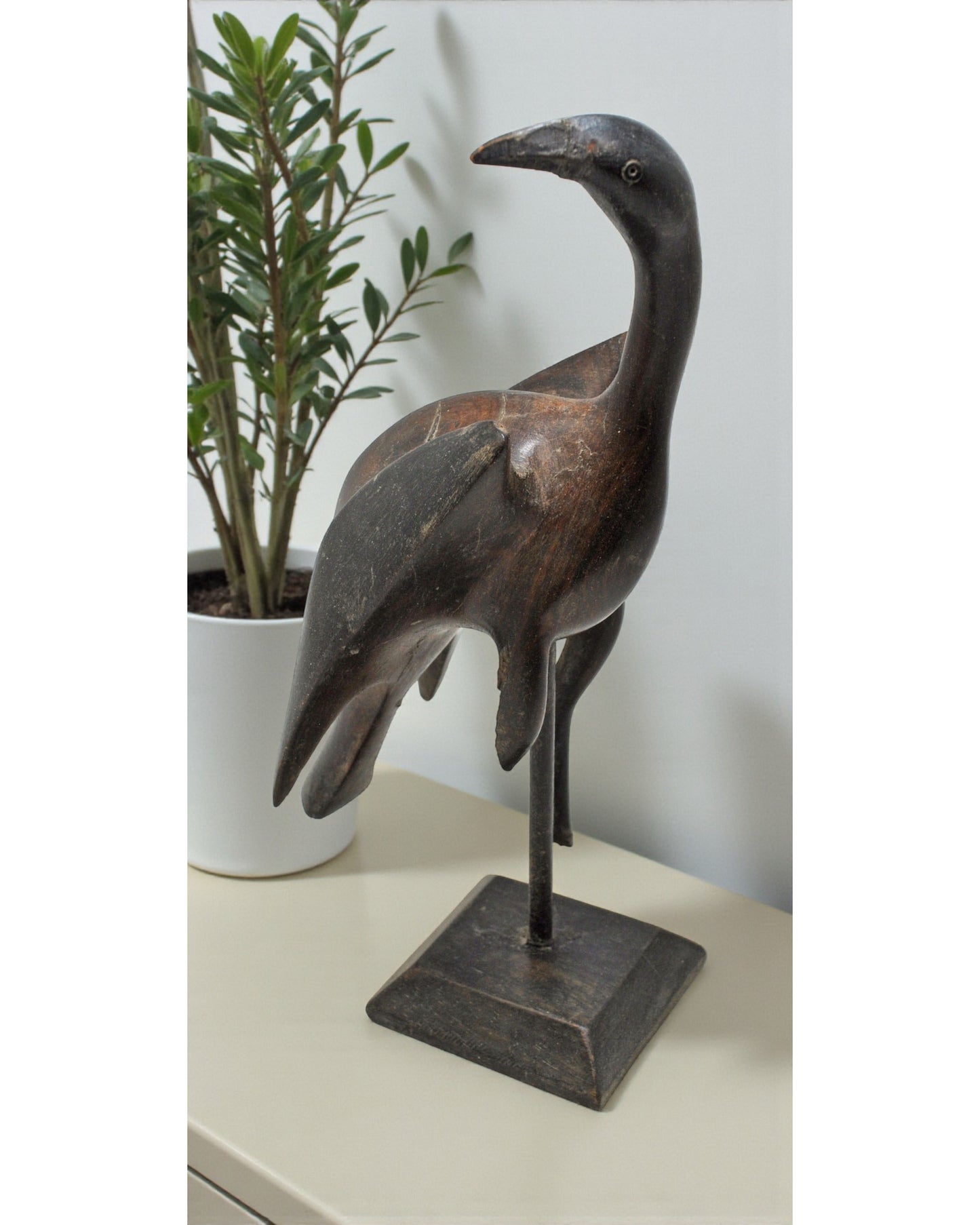 Antique Wooden Crane Bird Figurine Original Old Very Fine Hand Carved