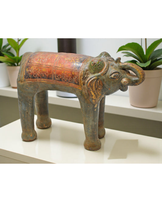 Vintage Terracotta Pottery Elephant Figurine Hand Crafted Fine Painted