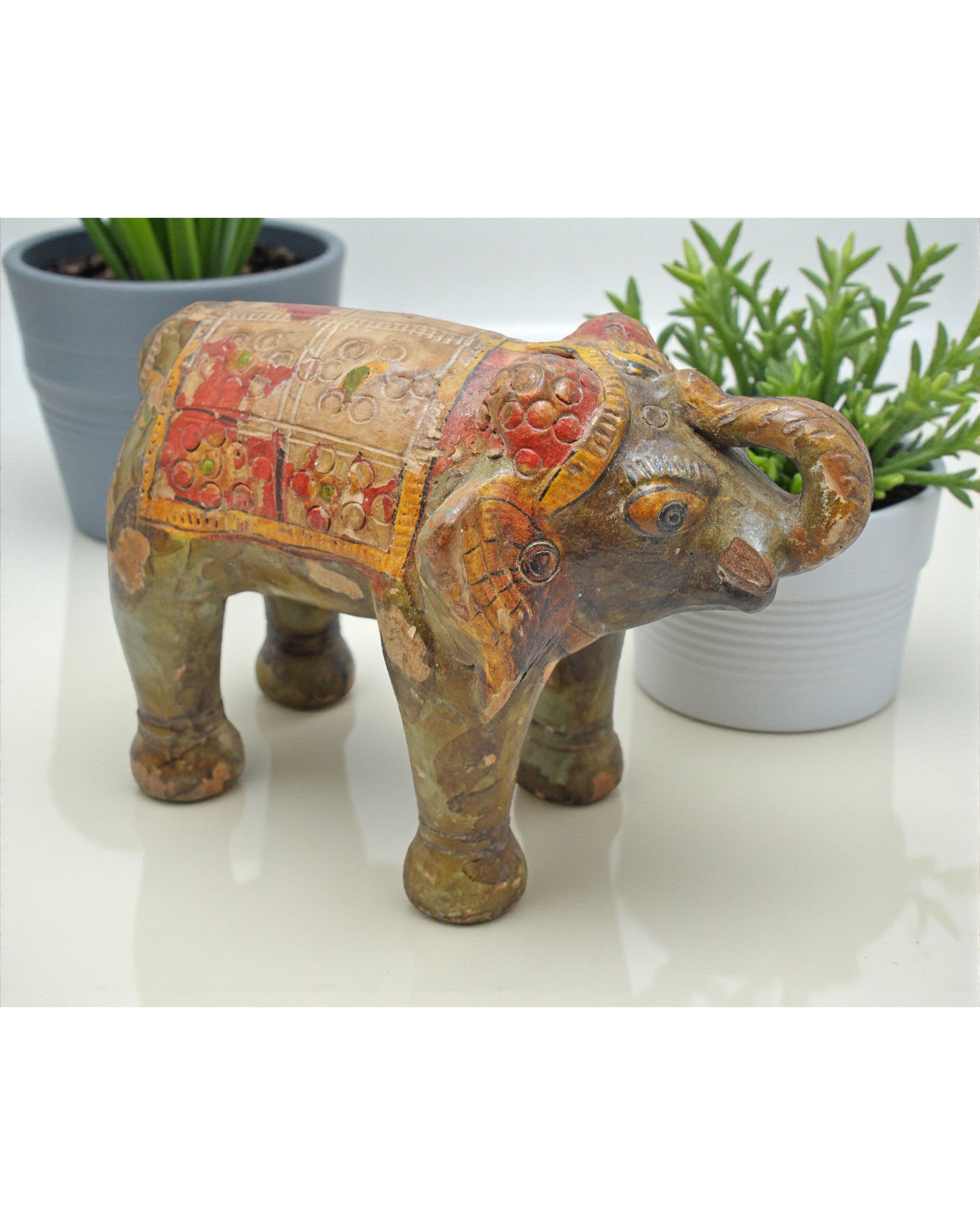 Vintage Terracotta Pottery Elephant Figurine Hand Crafted Fine Painted
