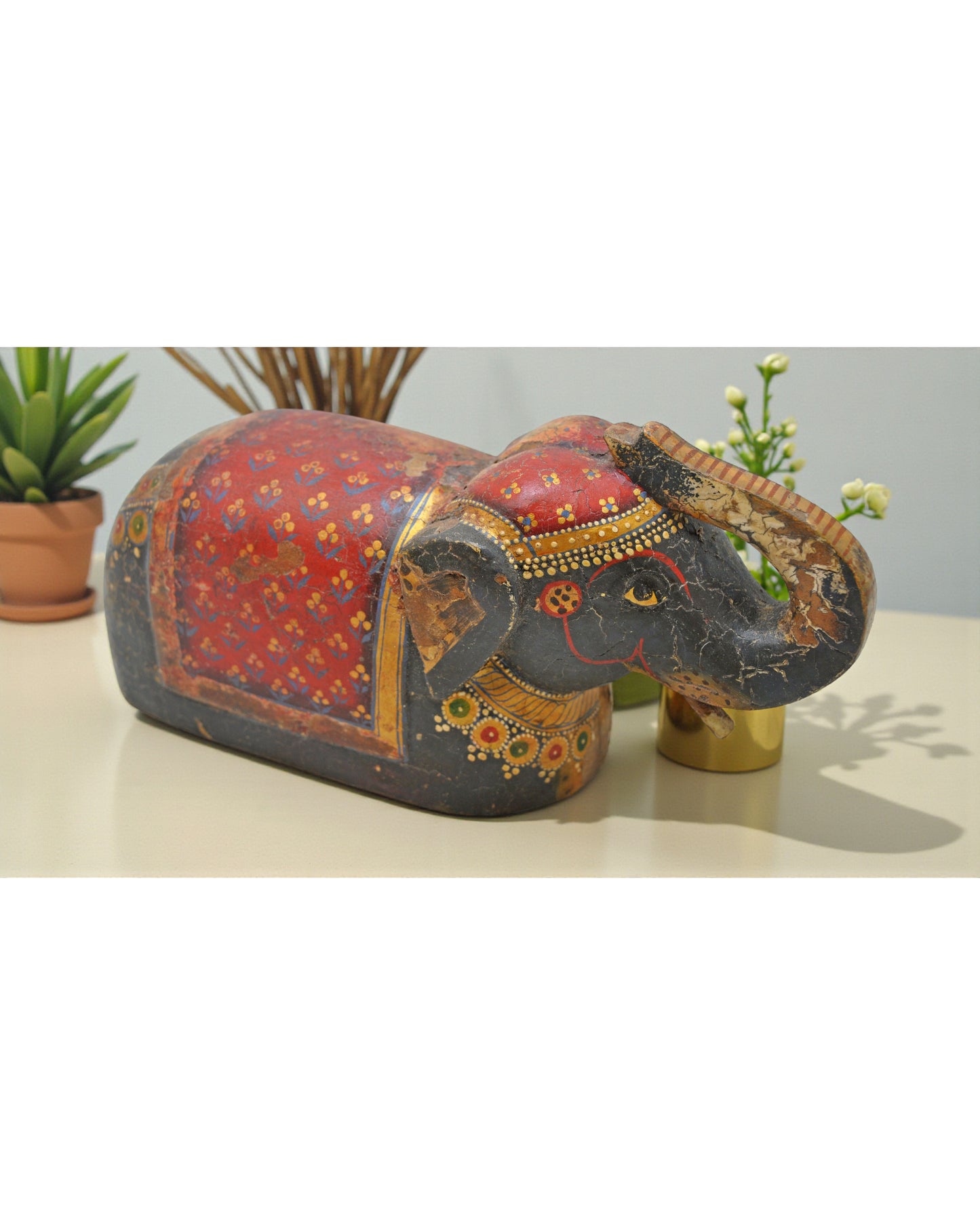 Vintage Wooden Elephant Figurine Original Old Hand Carved Fine Painted