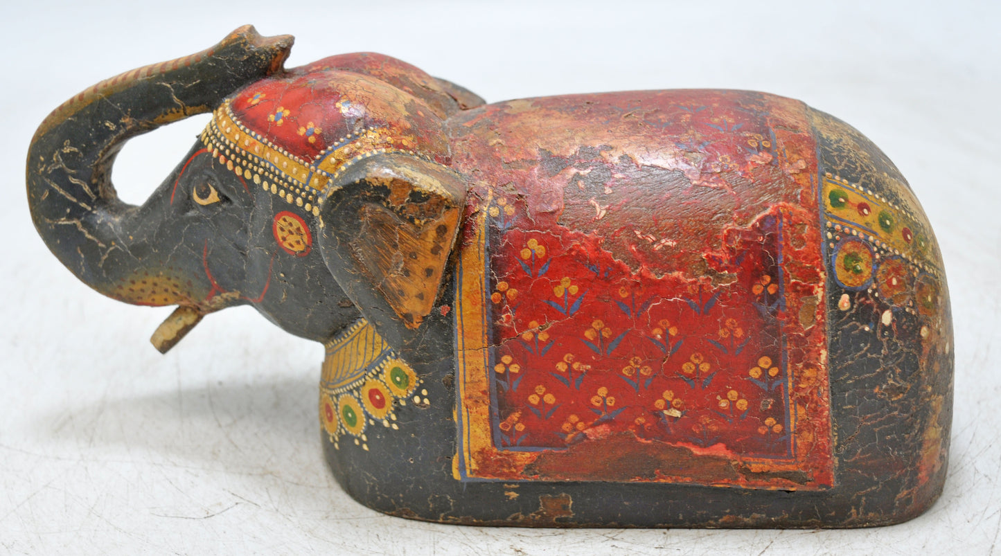 Vintage Wooden Elephant Figurine Original Old Hand Carved Fine Painted