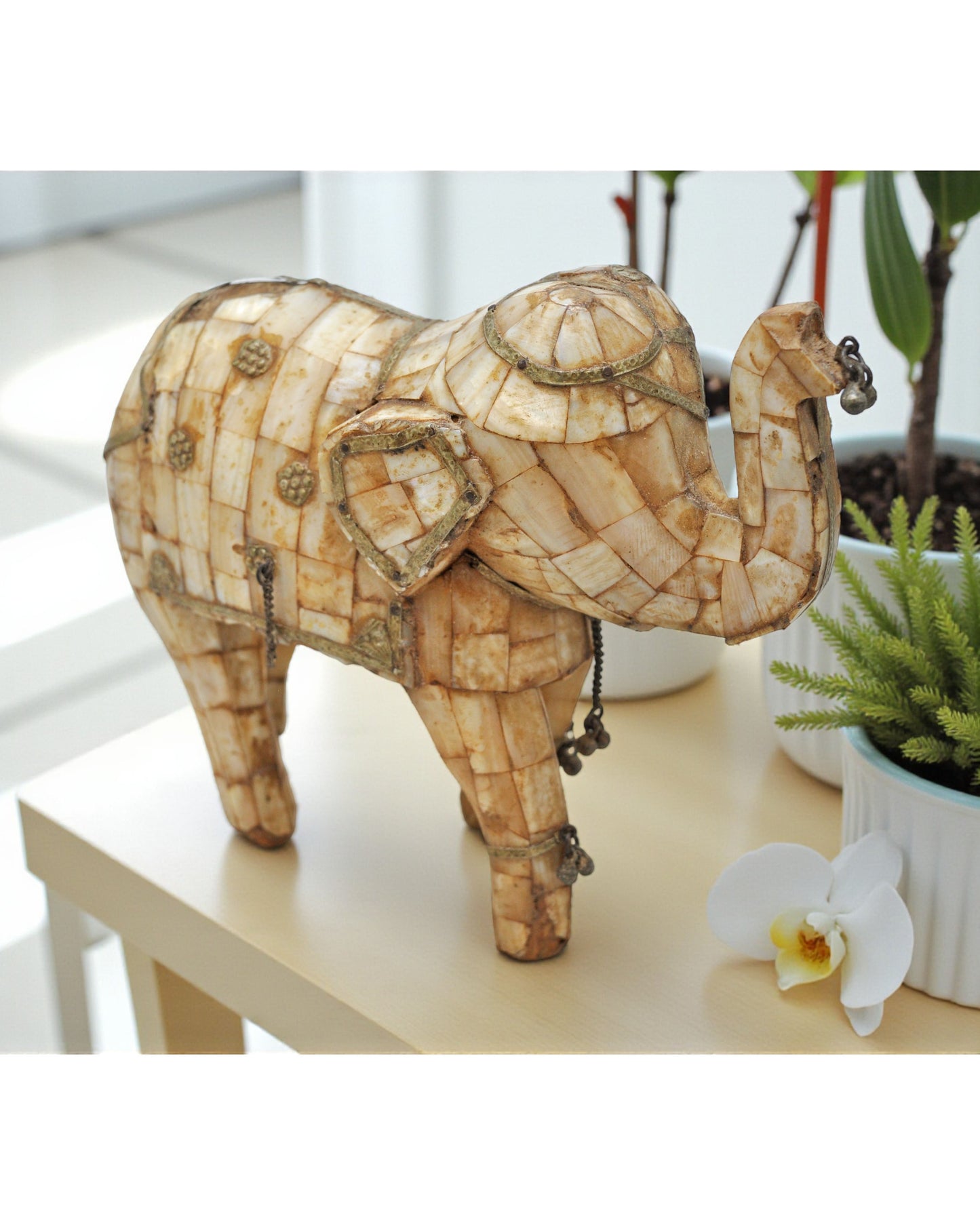 Antique Wooden Elephant Figurine Fine Mother of Pearl Fitted Hand Carved