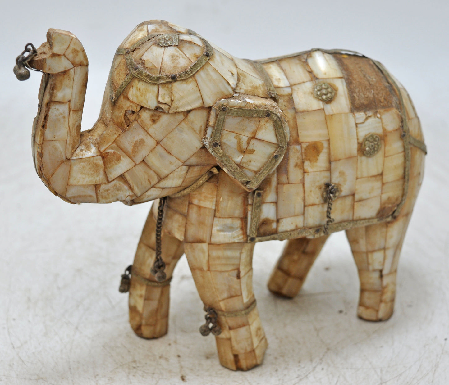 Antique Wooden Elephant Figurine Fine Mother of Pearl Fitted Hand Carved