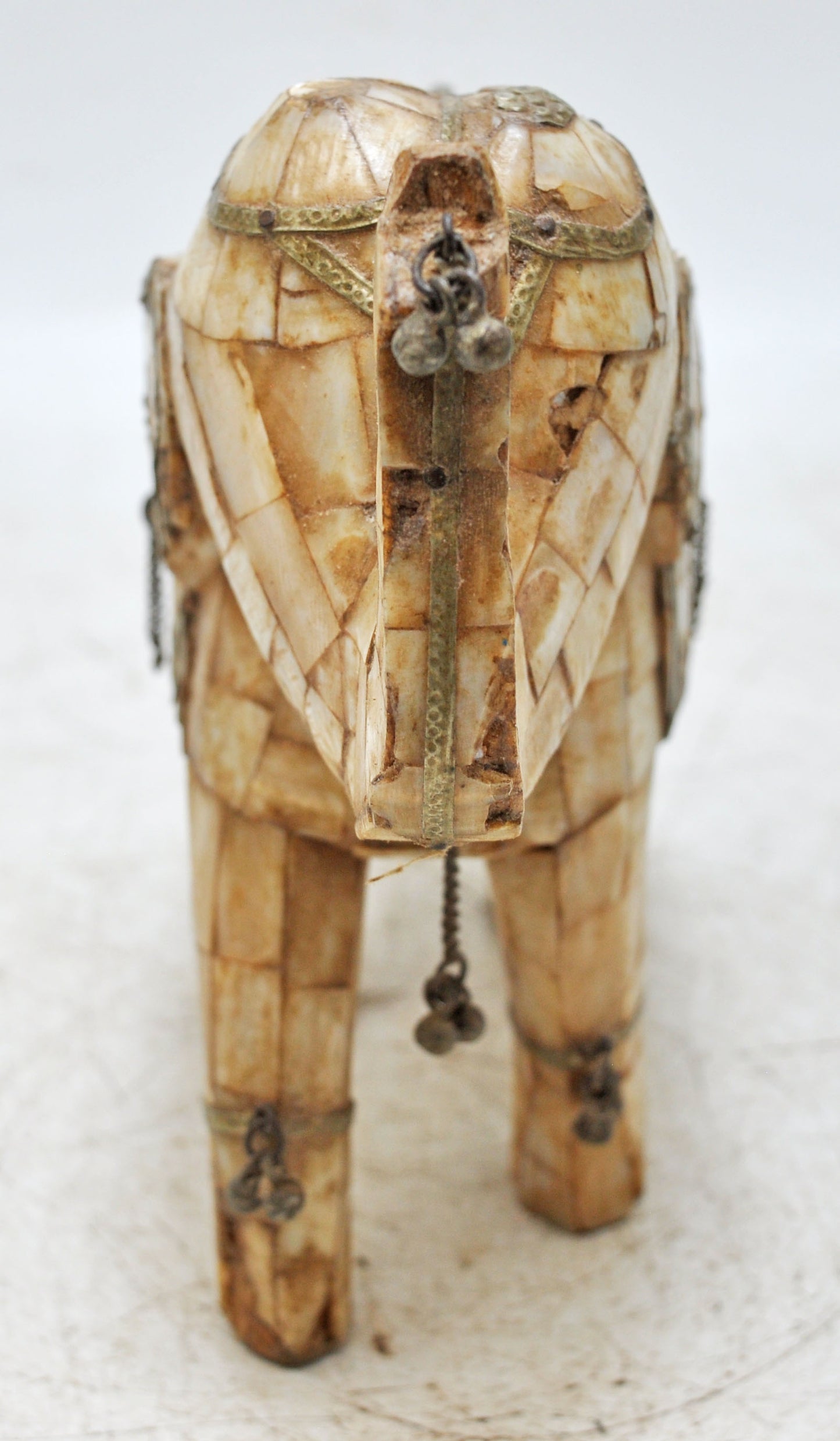 Antique Wooden Elephant Figurine Fine Mother of Pearl Fitted Hand Carved