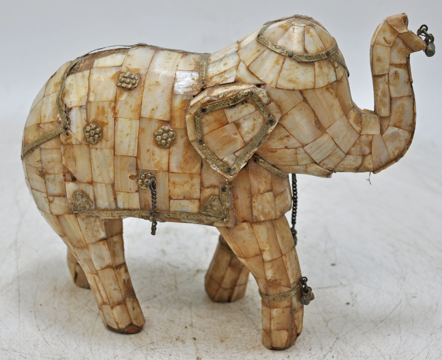 Antique Wooden Elephant Figurine Fine Mother of Pearl Fitted Hand Carved