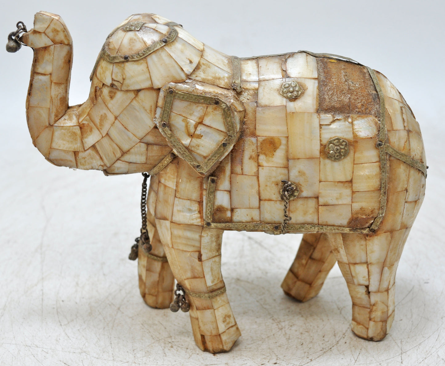 Antique Wooden Elephant Figurine Fine Mother of Pearl Fitted Hand Carved