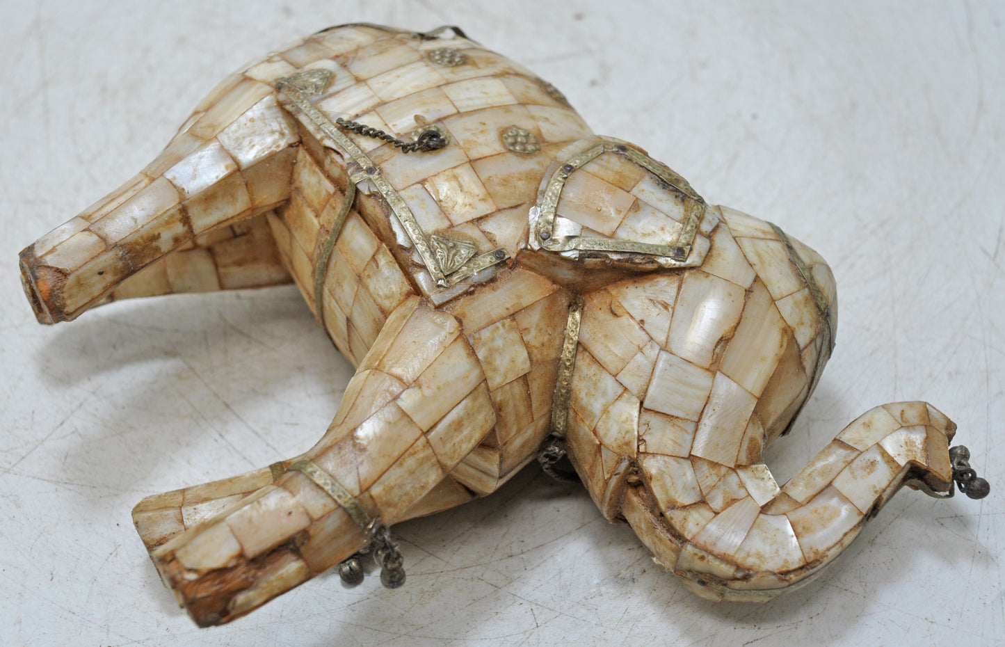 Antique Wooden Elephant Figurine Fine Mother of Pearl Fitted Hand Carved