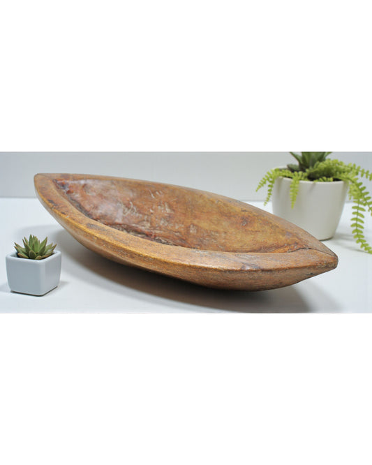Antique Wooden Boat Shaped Kharal Bowl Original Old Hand Carved