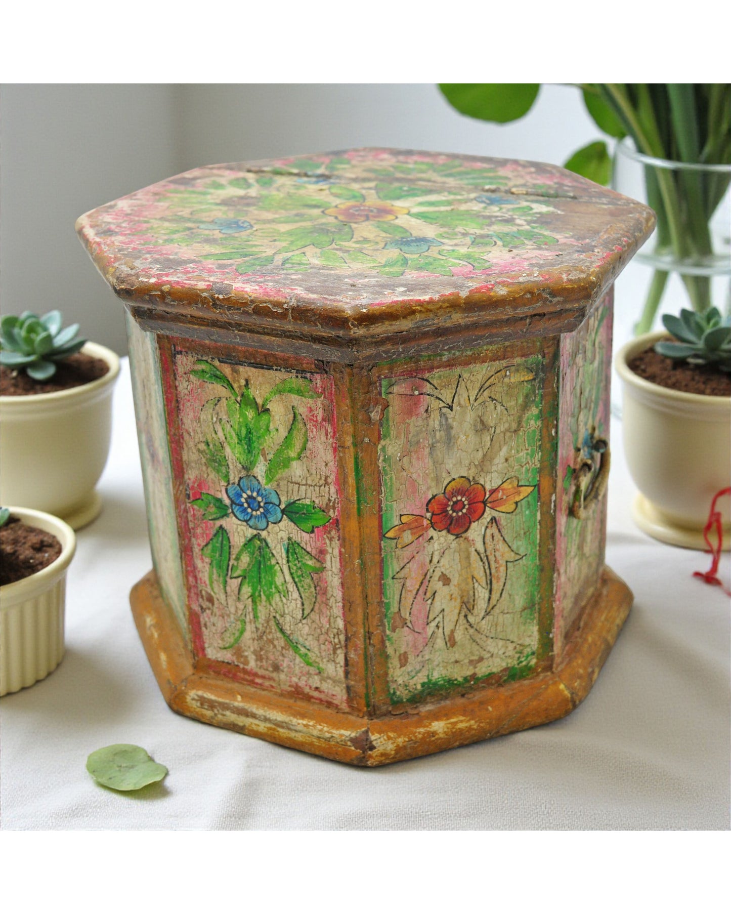Vintage Wooden Octagonal Storage Box Original Old Hand Crafted Painted