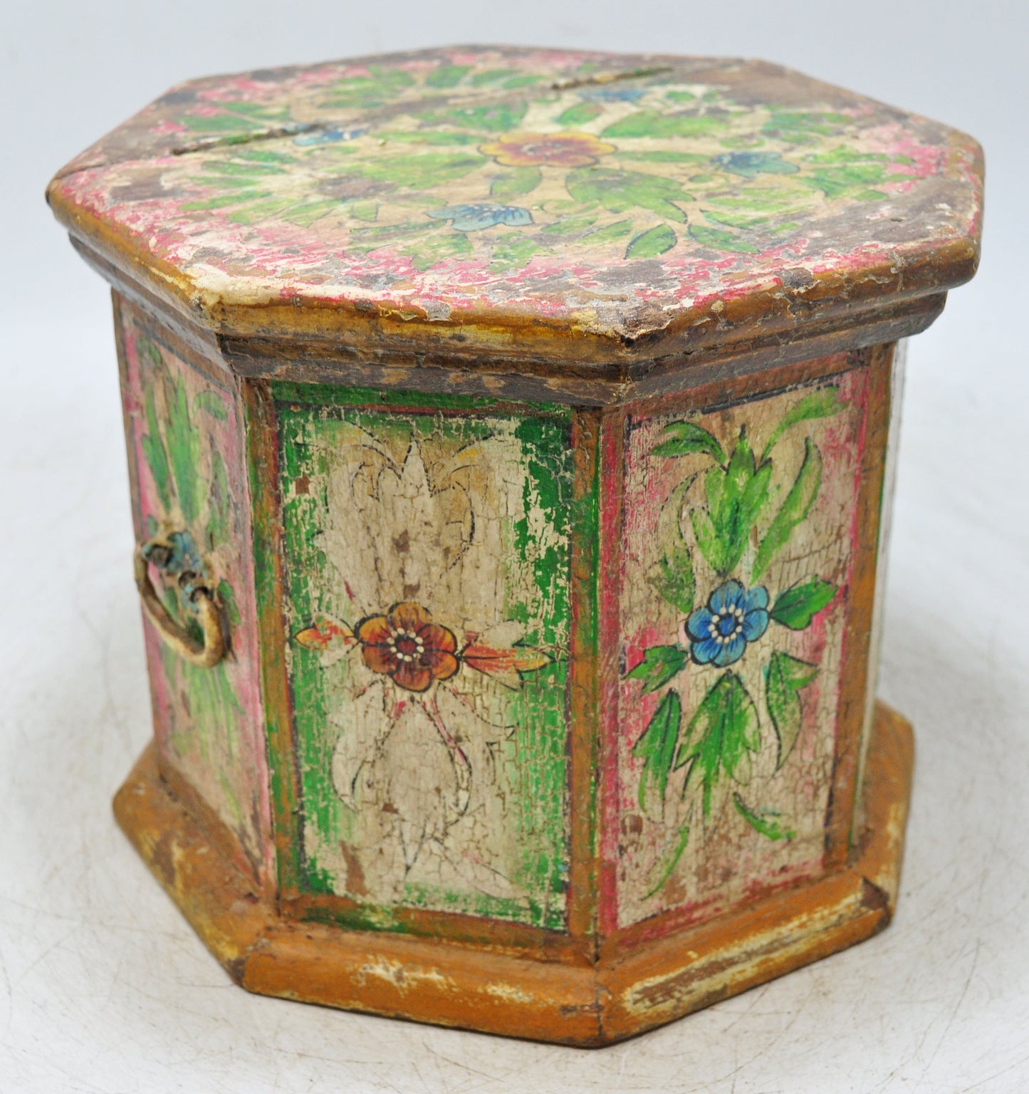 Vintage Wooden Octagonal Storage Box Original Old Hand Crafted Painted