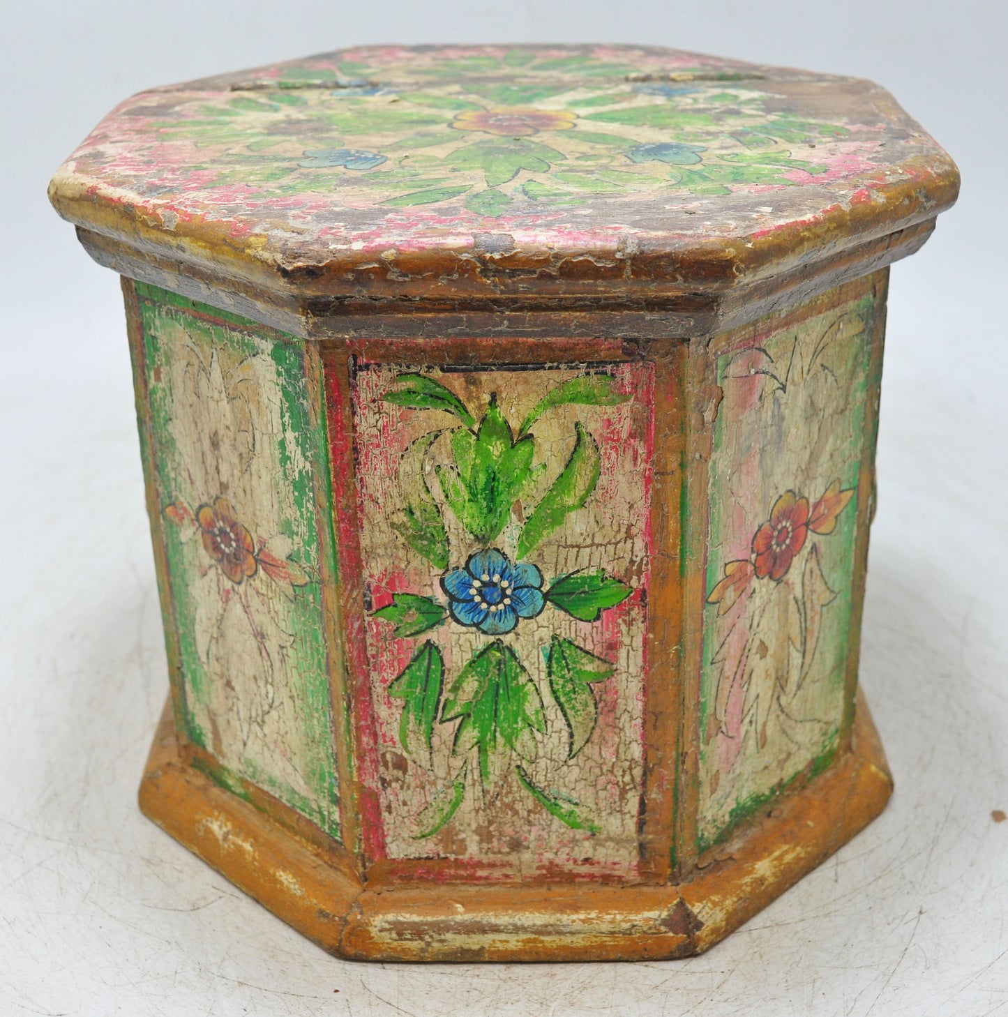 Vintage Wooden Octagonal Storage Box Original Old Hand Crafted Painted