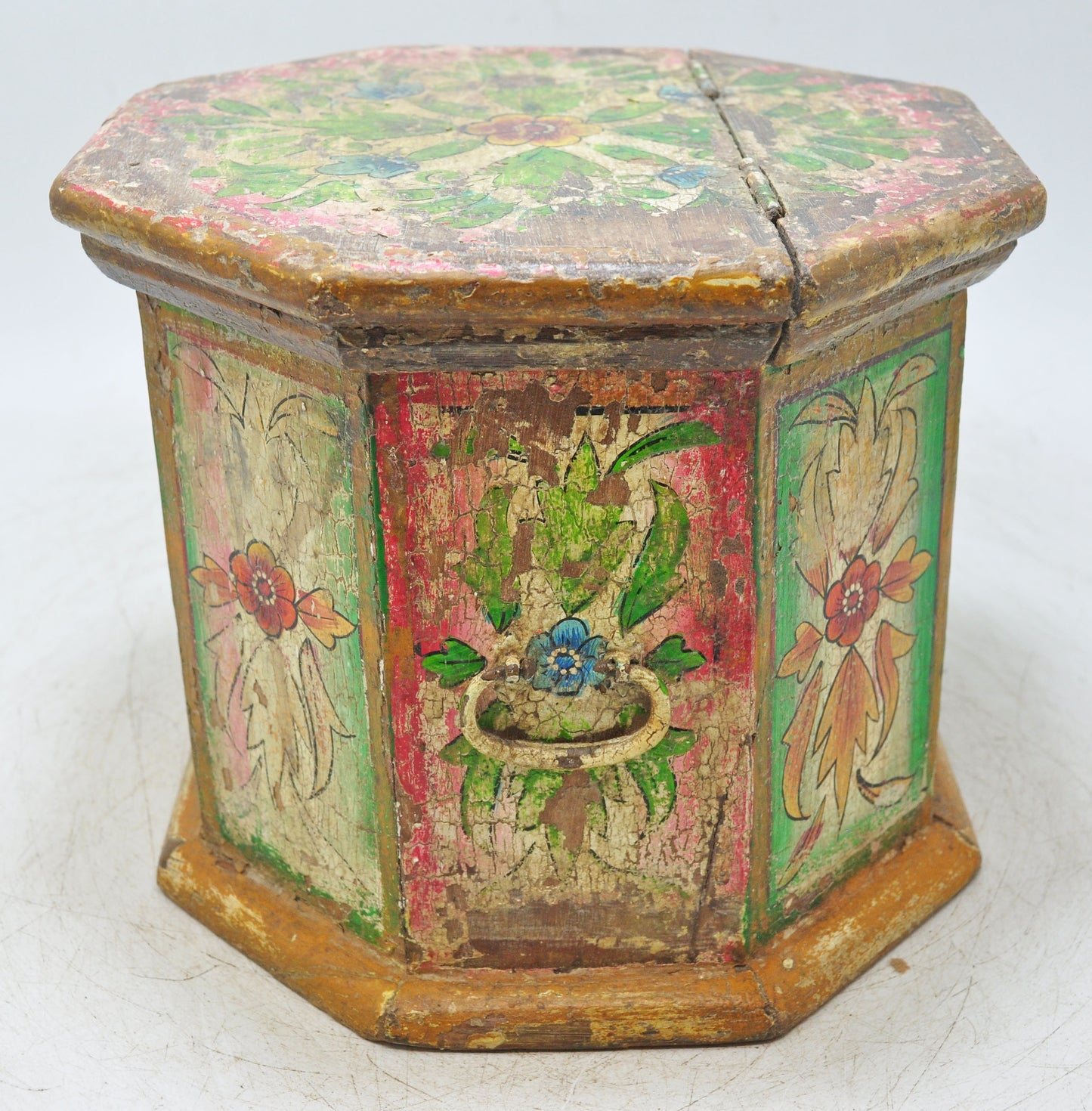 Vintage Wooden Octagonal Storage Box Original Old Hand Crafted Painted