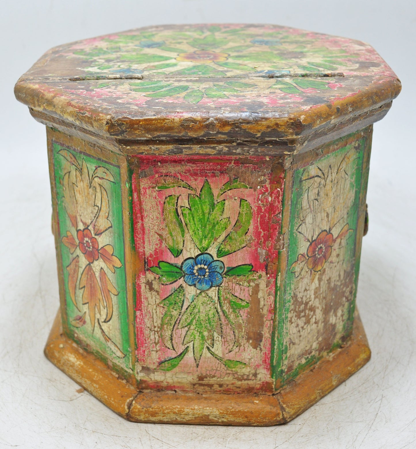 Vintage Wooden Octagonal Storage Box Original Old Hand Crafted Painted